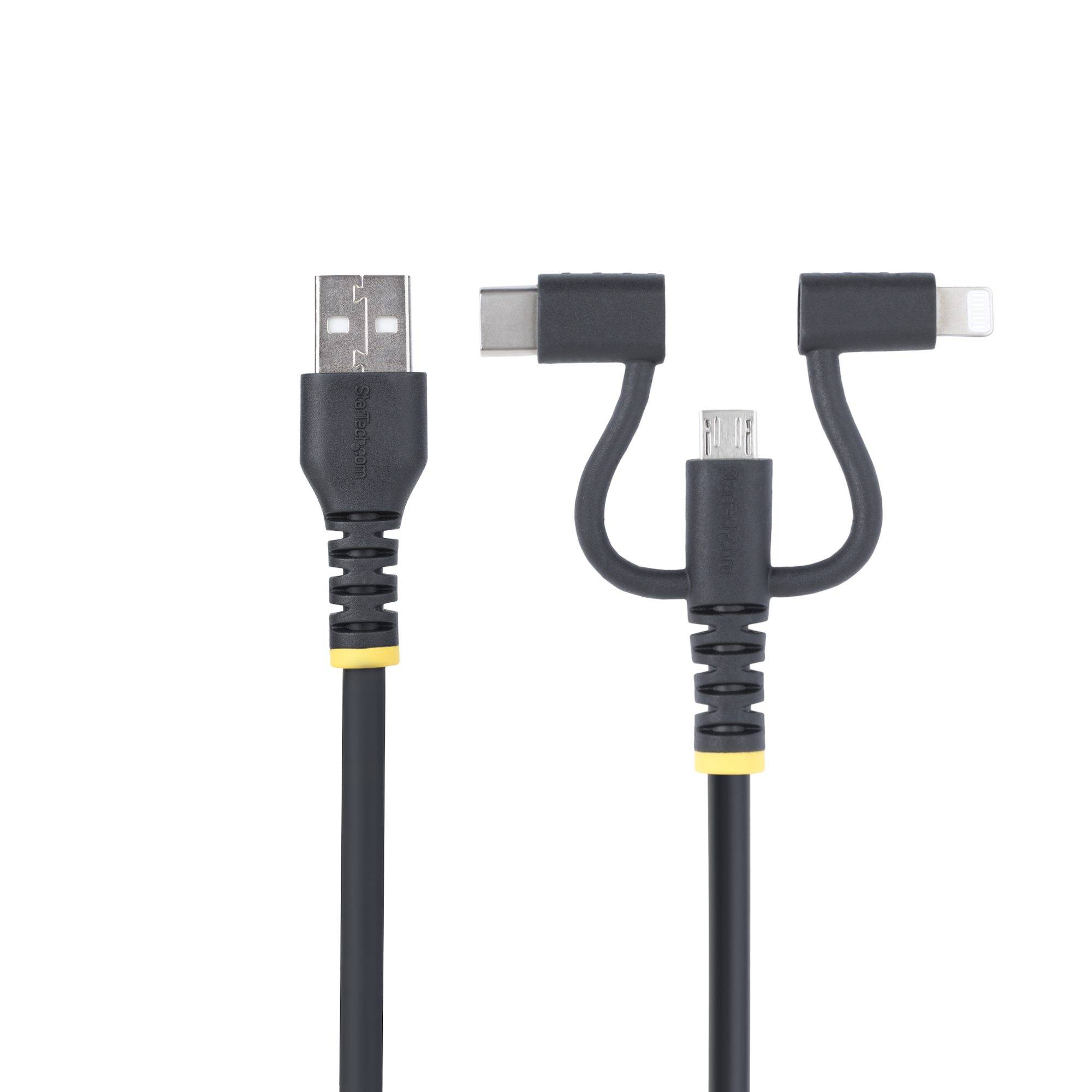 StarTech.com 1m Robuuste USB Multi Oplaadkabel, USB naar Lightning/Micro-USB/Type-C, Apple MFi Gecertificeerd, Aramide Mantel, Universele 3-in-1 USB Laadkabel voor iPhone/iPad/Android
