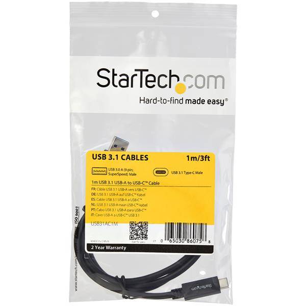 StarTech.com 1m USB-A naar USB-C Oplaadkabel, Opladen & Sync, USB 10Gbps, USB-A naar USB-C Data Kabel, M/M, Zwart