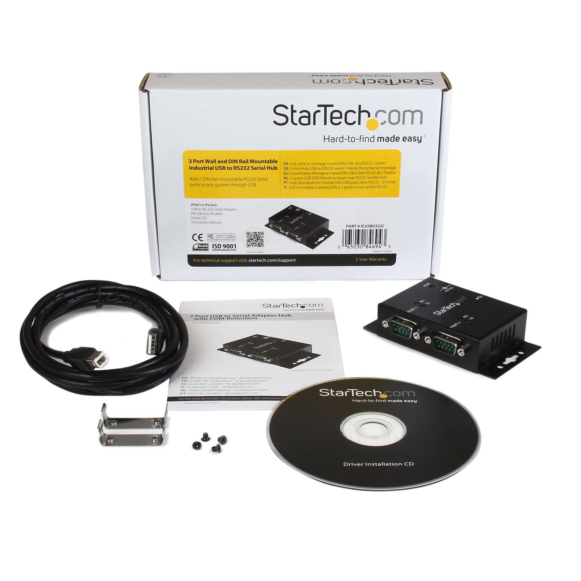 StarTech.com 2-poort Industriële USB naar Seriële Adapter Hub Wandmontage met DIN-Rail Clips