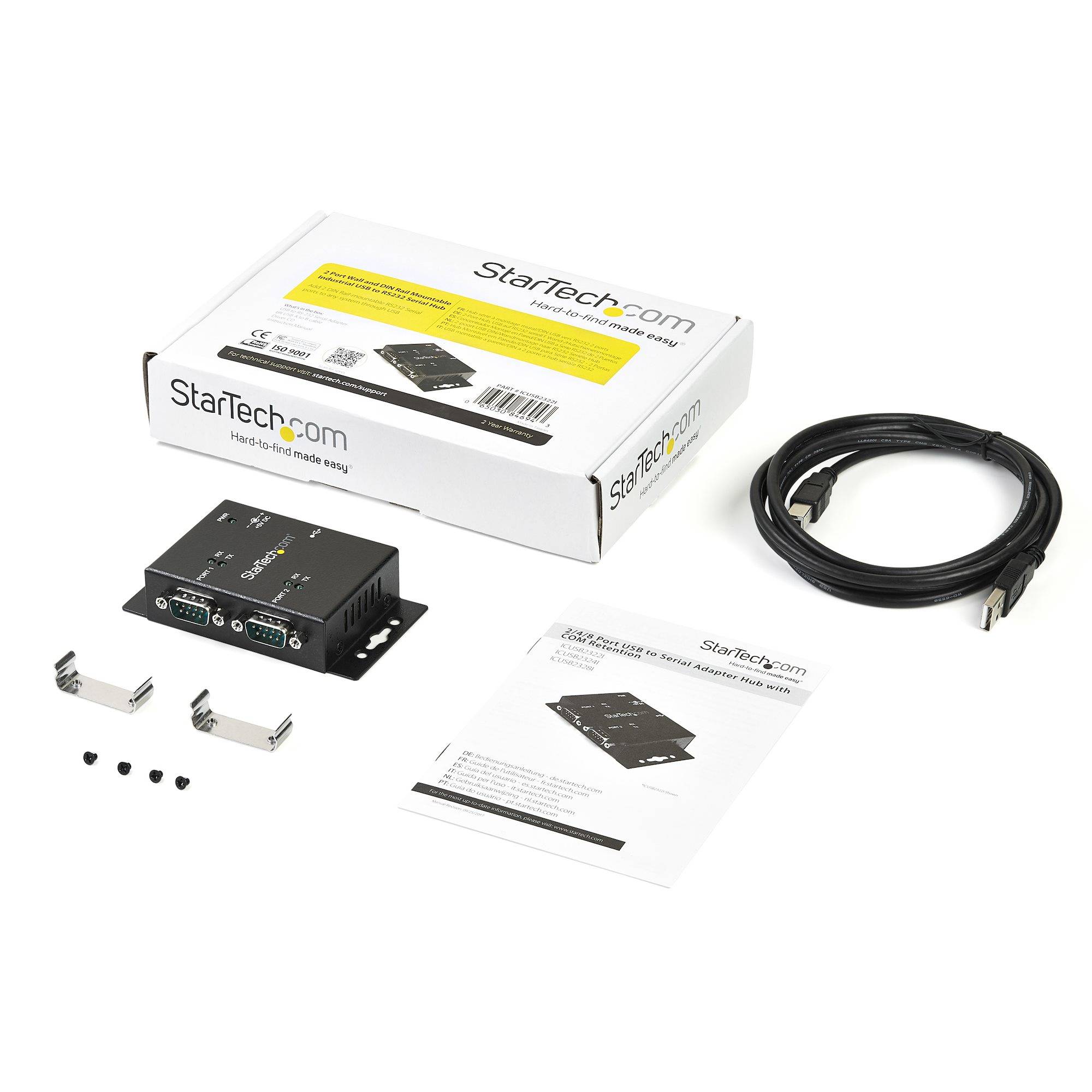 StarTech.com 2-poort Industriële USB naar Seriële Adapter Hub Wandmontage met DIN-Rail Clips