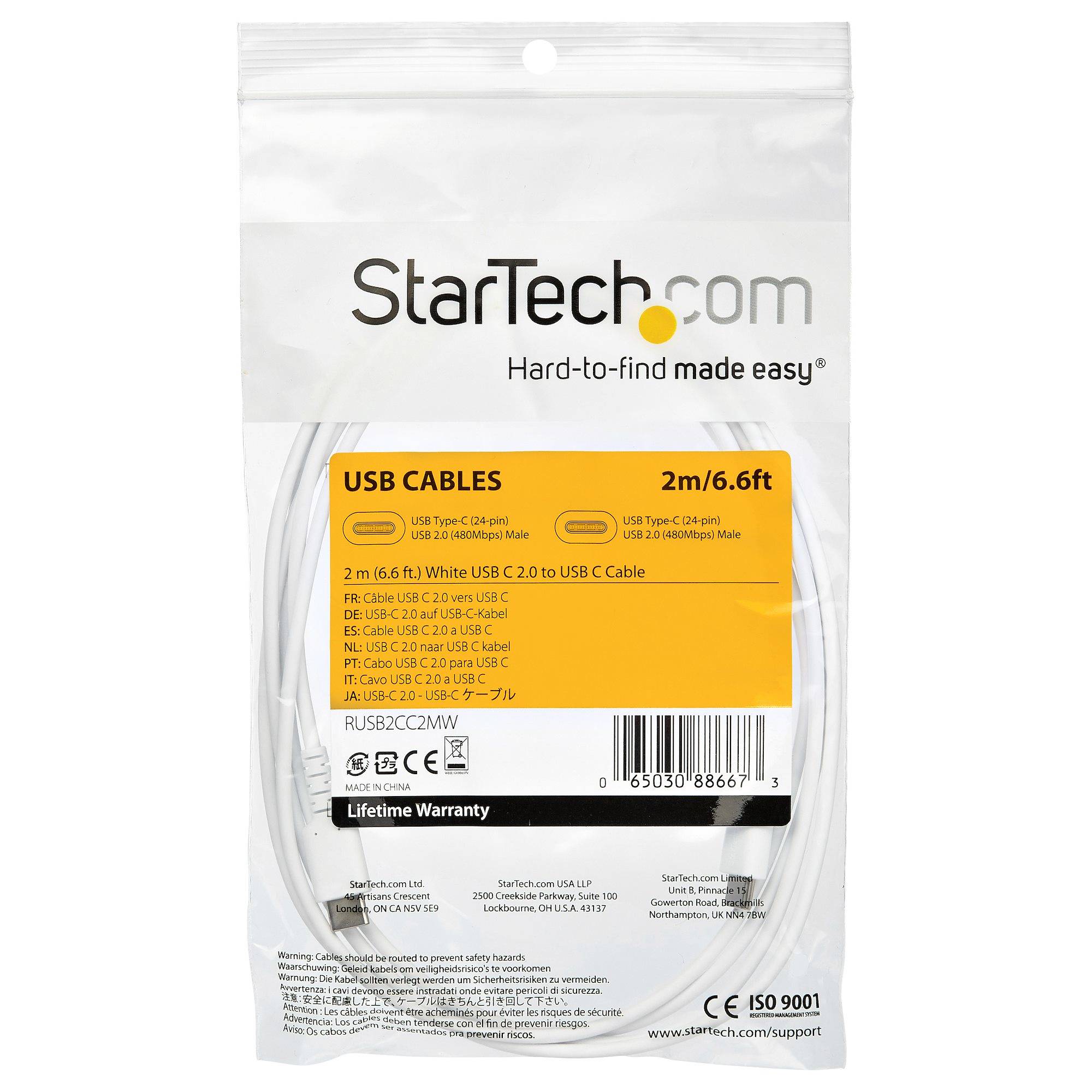 StarTech.com 2m USB-C Laadkabel, Robuuste Fast Charge & Sync Type C Kabel, 60W (3A) PD, USB 2.0, TPE Mantel en Aramidevezels - Witte USB Oplaadkabel