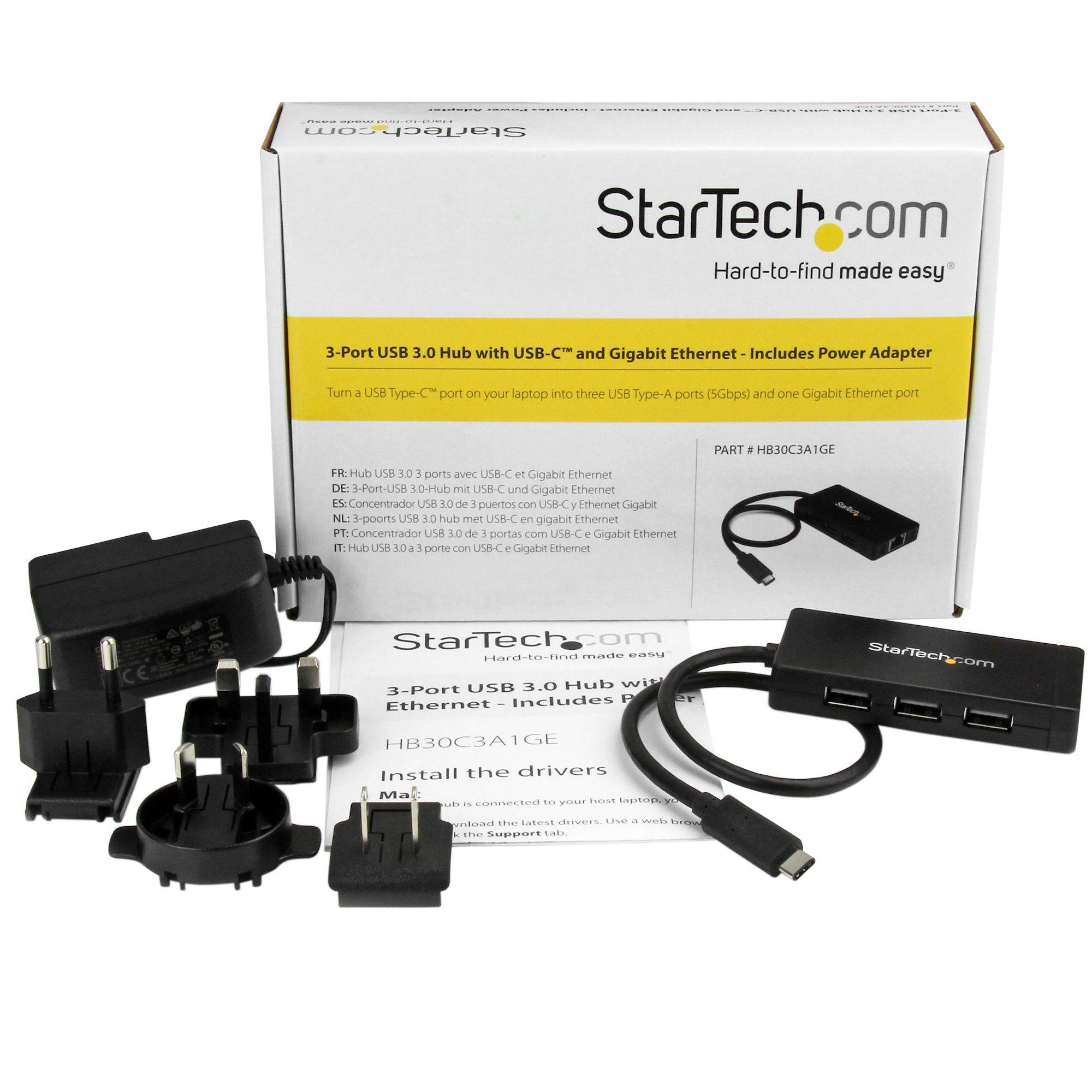 StarTech.com 3 poorts USB C naar USB-A hub met Gigabit Ethernet - USB-C naar 3x USB-A - USB 3.0 (5Gbps) - Inclusief voedingsadapter
