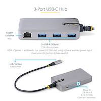 StarTech.com 3-Port USB-C Hub met Ethernet, 3x USB-A , Gigabit Ethernet RJ45, USB 3.0 5Gbps, Bus-Powered, 30cm Kabel, Compacte Laptop USB Type-C Hub Adapter met GbE, Micro USB Voeding