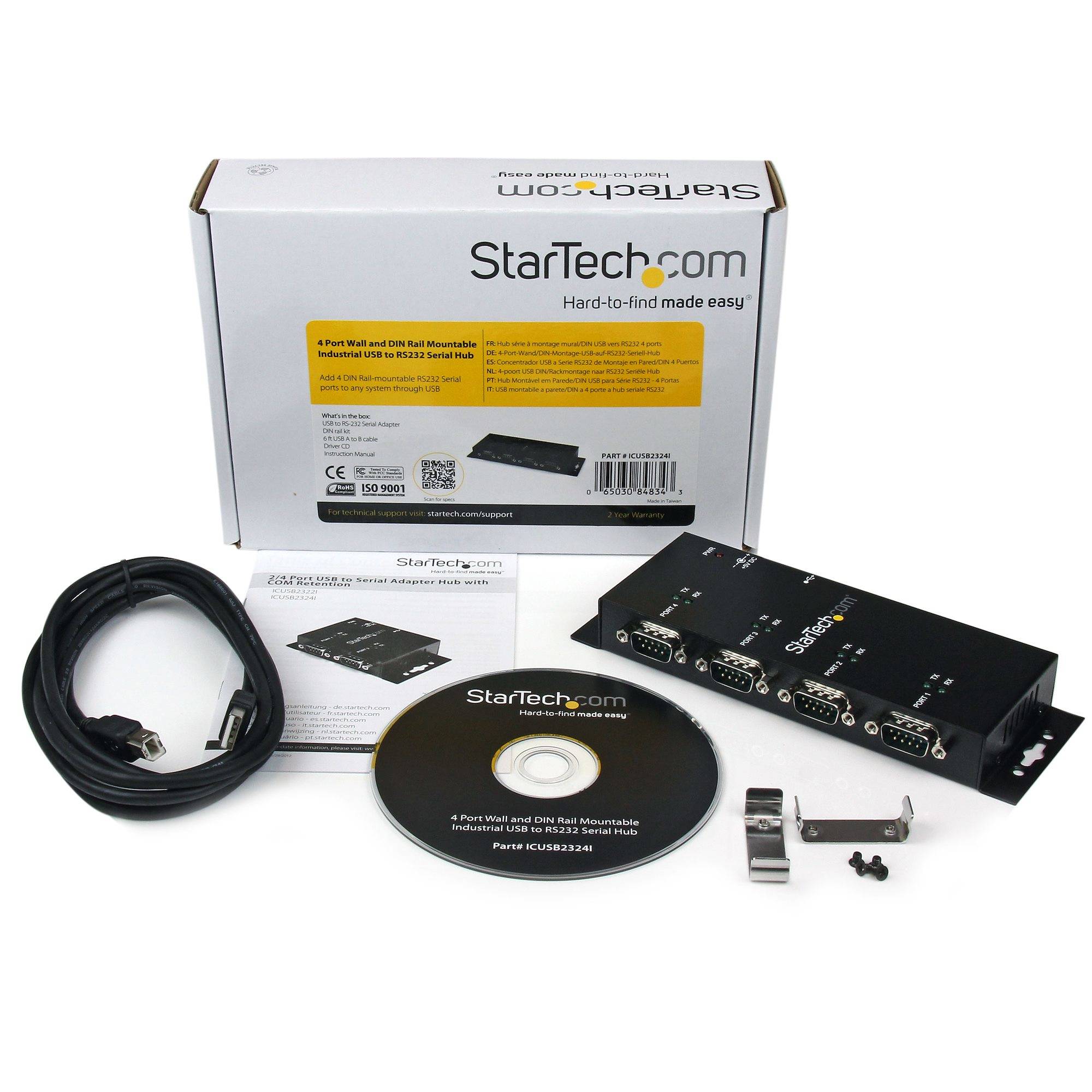 StarTech.com 4-poort USB naar DB9 RS232 Seriële Adapter Hub – Industrieel DIN-rail en Wandmontage