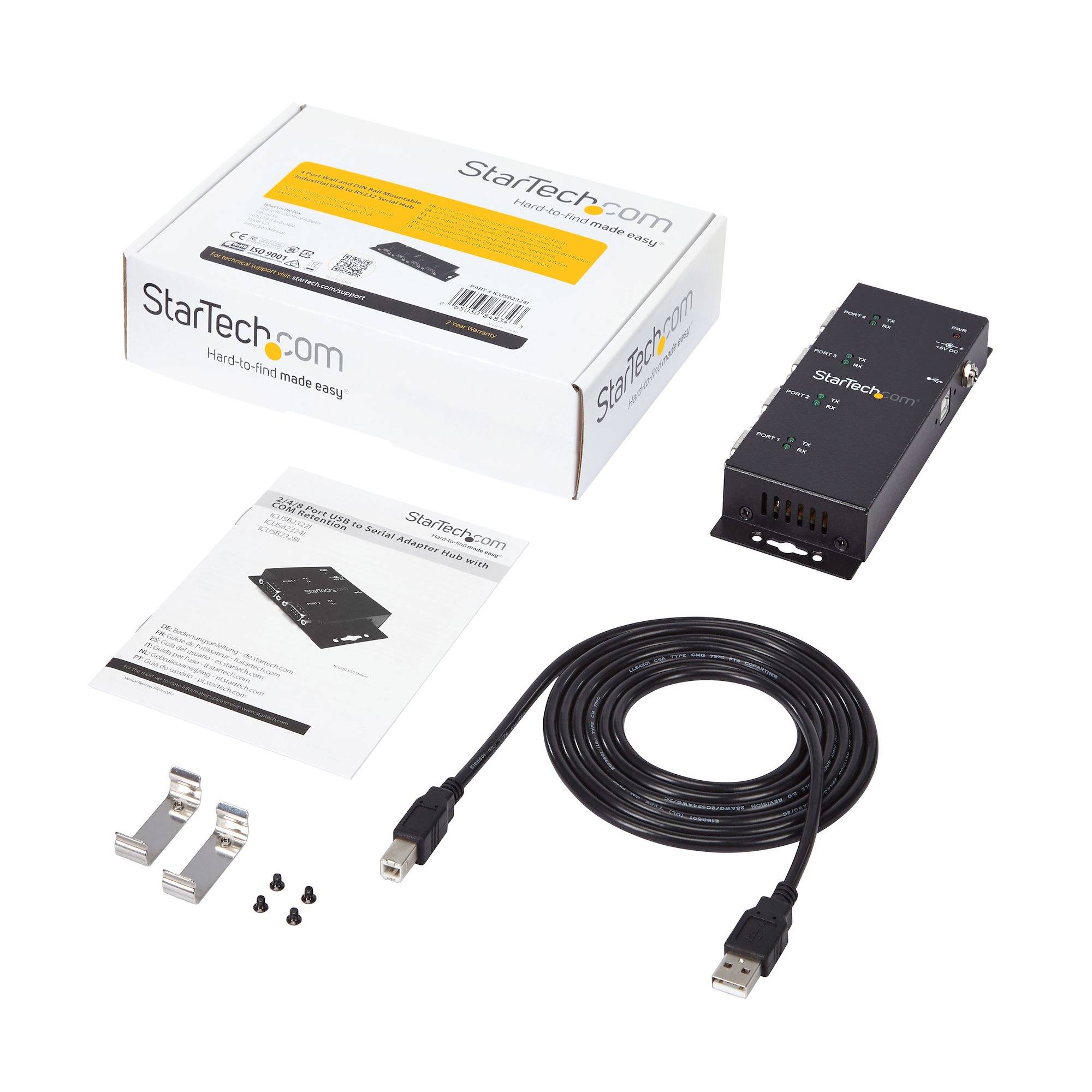 StarTech.com 4-poort USB naar DB9 RS232 Seriële Adapter Hub – Industrieel DIN-rail en Wandmontage