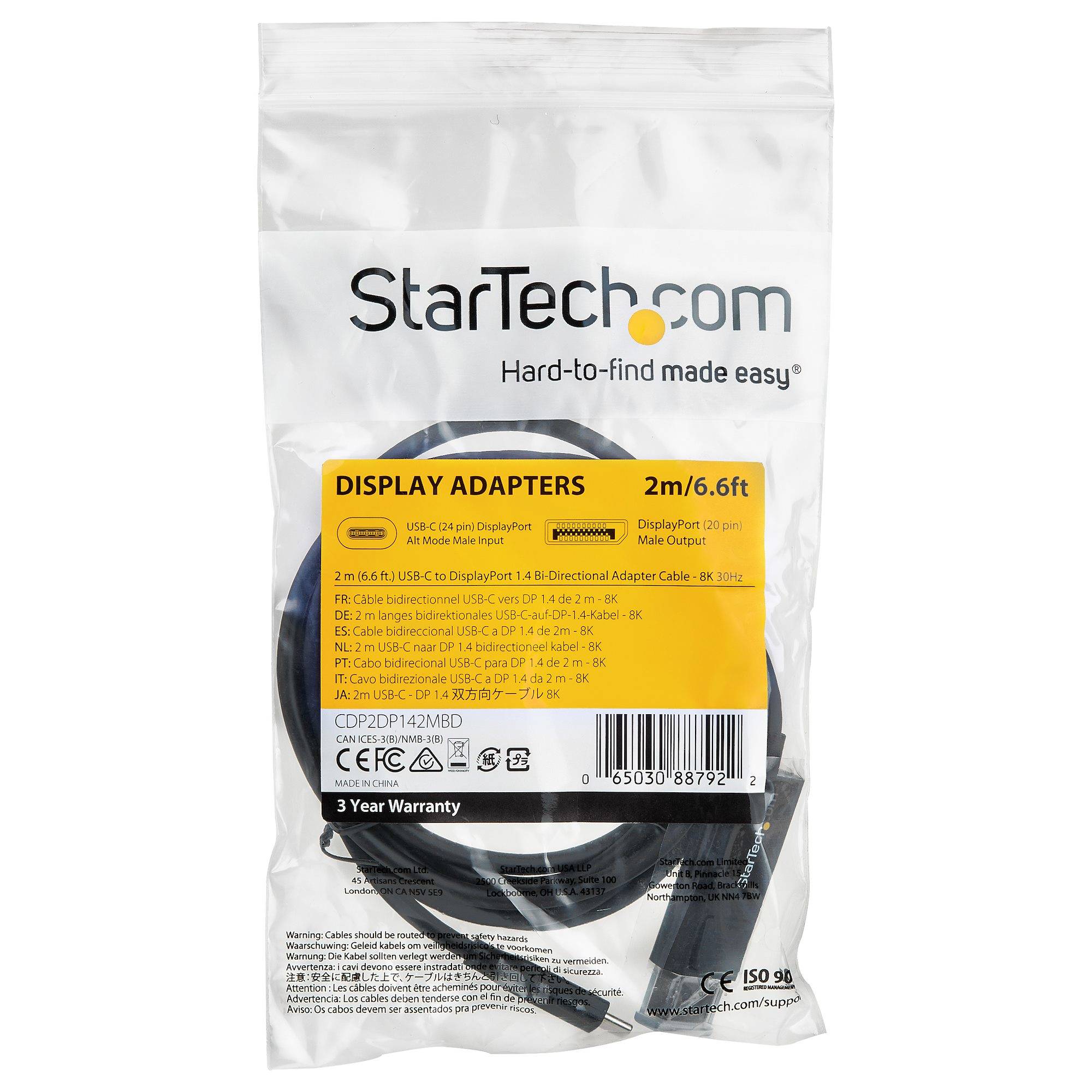 StarTech.com 2m USB-C naar DisplayPort 1.4 kabel 8K 60Hz/4K - Bidirectionele DP naar USB-C of USB-C naar DP Video Adapterkabel - HBR3/HDR/DSC - USB Type-C/TB3 Monitorkabel
