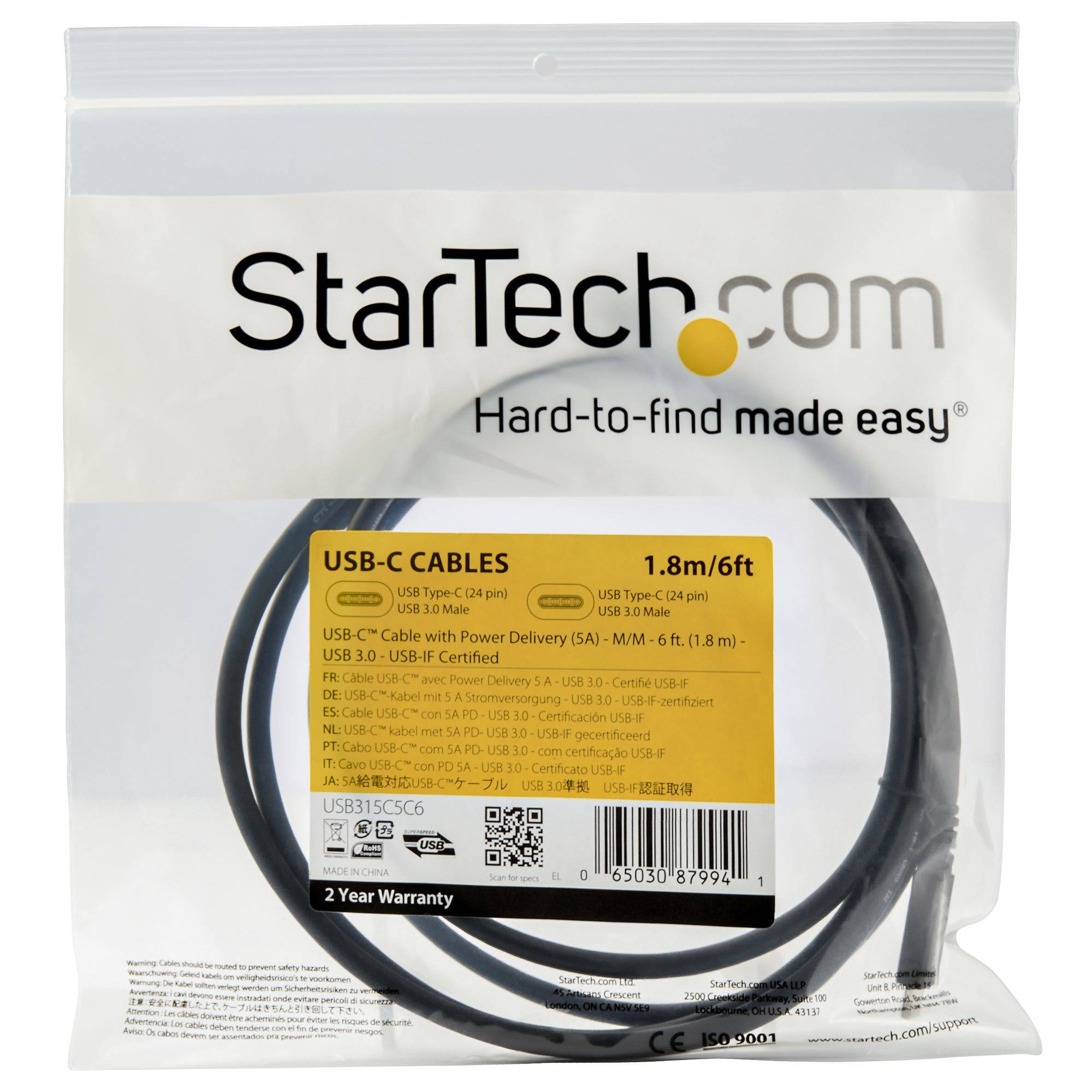 StarTech.com 1,8 m USB C naar USB C Kabel - 5A, 100W PD 3.0 - Works With Chromebook Gecertificeerd - USB-IF Gecertificeerd - M/M - USB 3.0 5Gbps - USB C Laadkabel - USB Type C Kabel