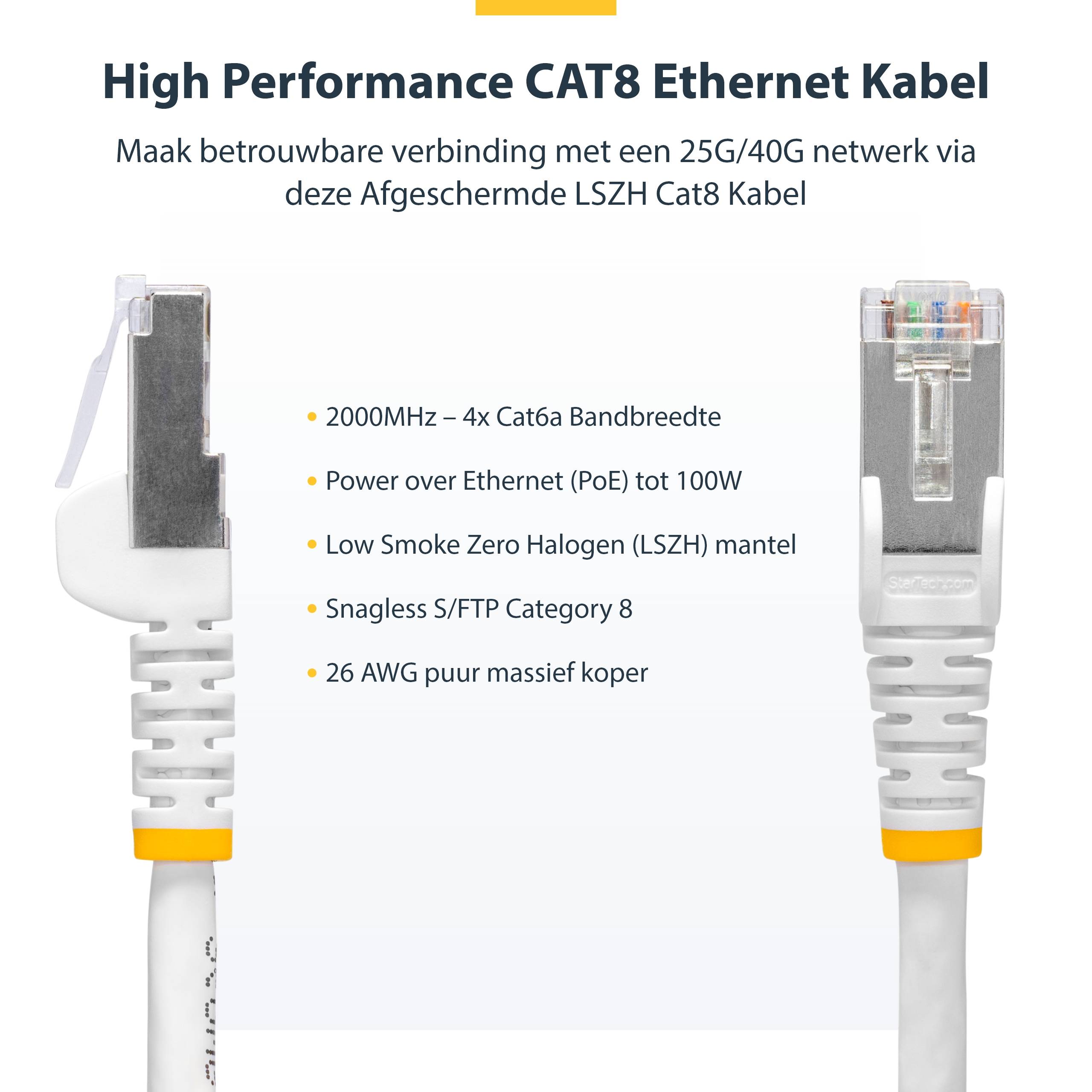 StarTech.com 1m CAT8 Netwerkkabel, Wit, Snagless RJ45, 25G/40G, 2000MHz, 100W PoE++, S/FTP, 26AWG 100% Pure Koperdraad, LSZH, Shielded Ethernet Kabel met Trekontlasting, Fluke Channel Getest
