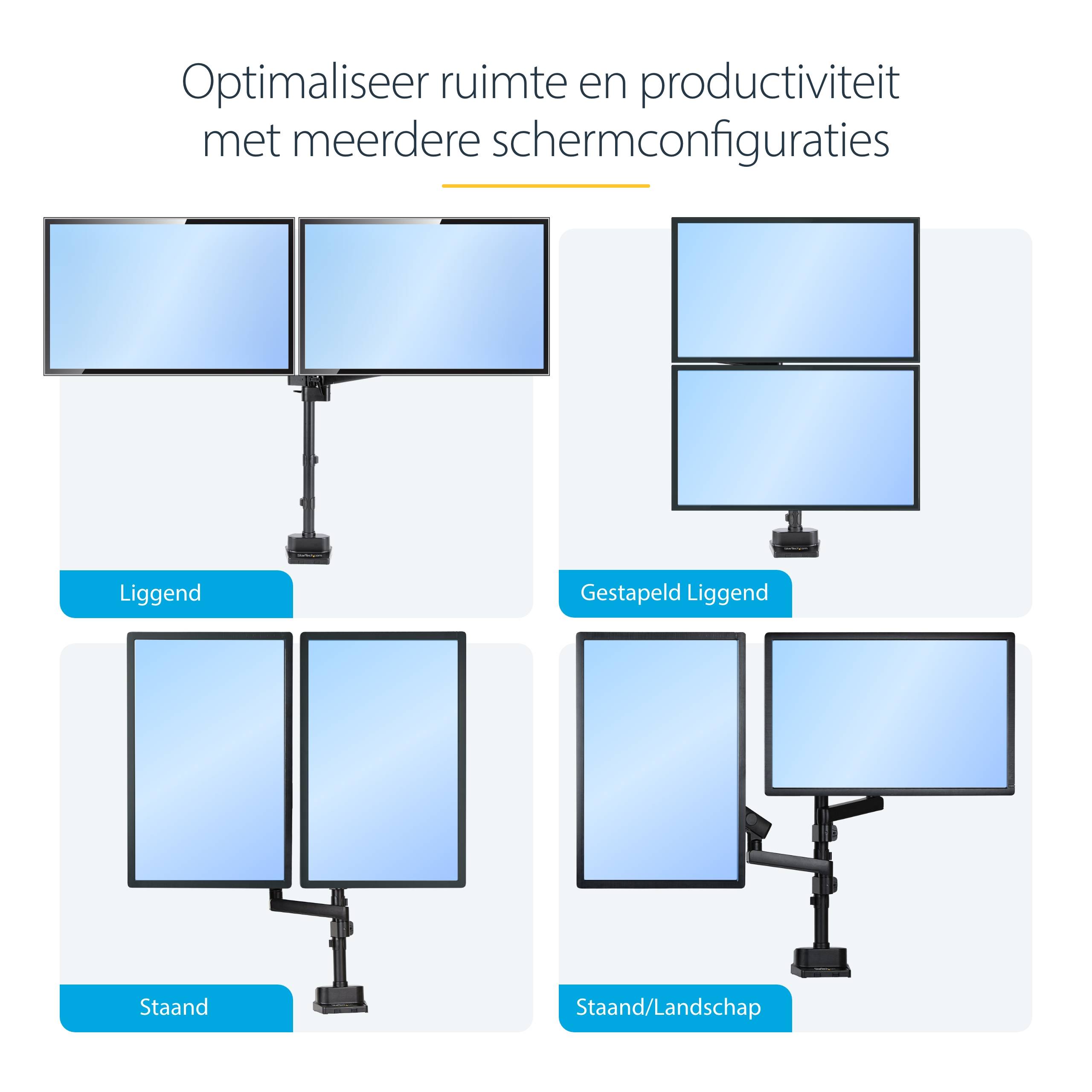 StarTech.com Dubbele Monitor Arm voor Bureaumontage, Full Motion Monitorbeugel voor 2x VESA-displays tot 32" (8kg), Verticale Stapelbare Armen, Hoogte verstelbaar/Articulerend - Bureauklem/Doorvoertule