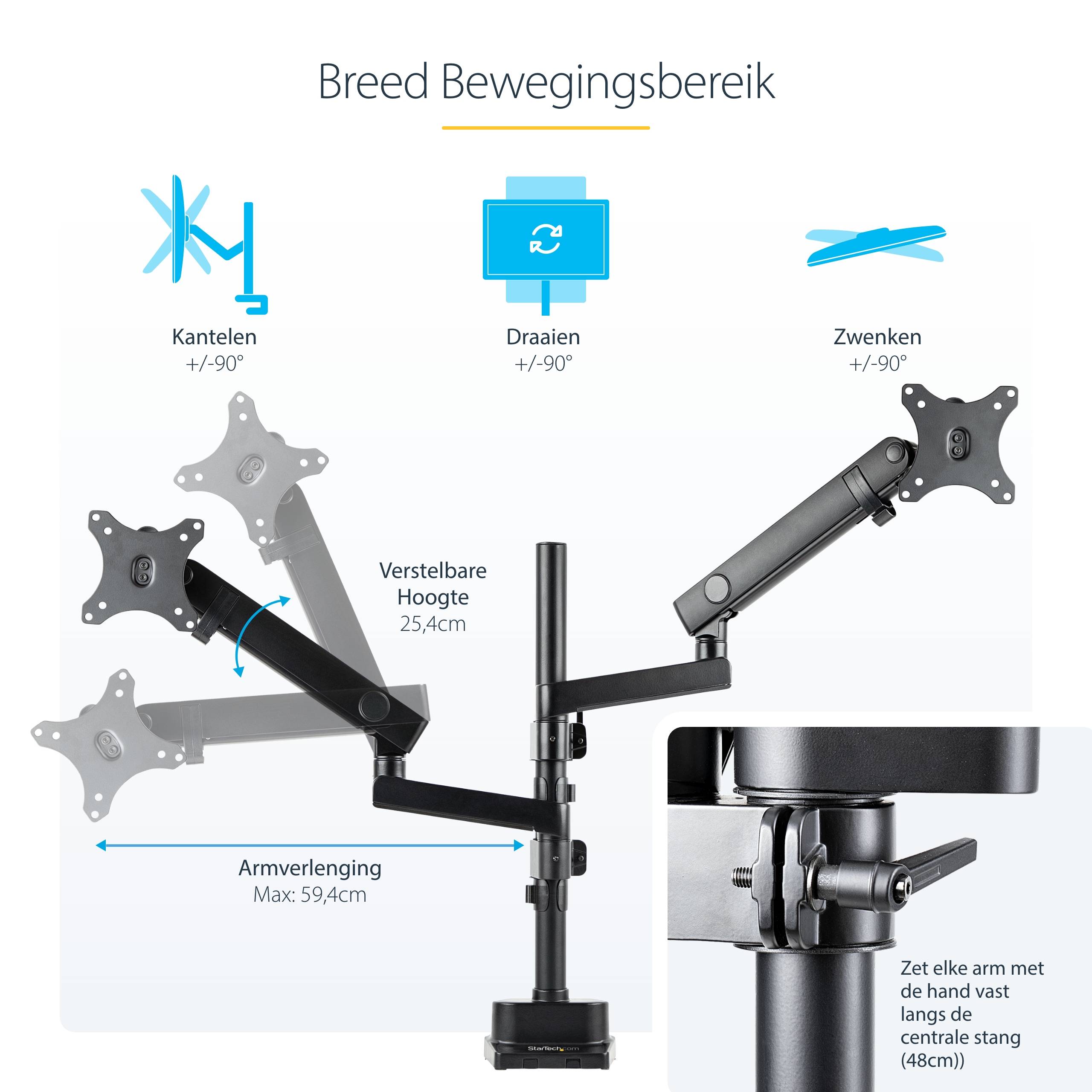 StarTech.com Dubbele Monitor Arm voor Bureaumontage, Full Motion Monitorbeugel voor 2x VESA-displays tot 32" (8kg), Verticale Stapelbare Armen, Hoogte verstelbaar/Articulerend - Bureauklem/Doorvoertule