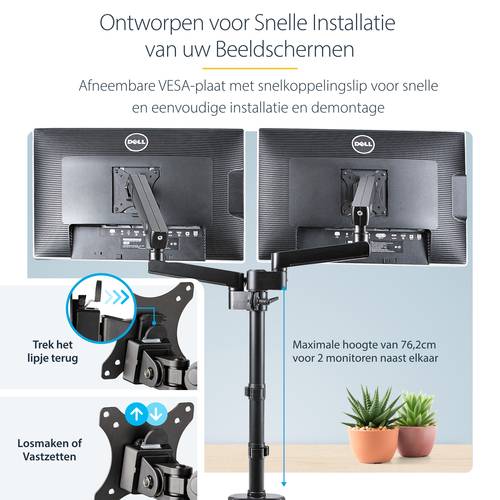 StarTech.com Dubbele Monitor Arm voor Bureaumontage, Full Motion Monitorbeugel voor 2x VESA-displays tot 32" (8kg), Verticale Stapelbare Armen, Hoogte verstelbaar/Articulerend - Bureauklem/Doorvoertule