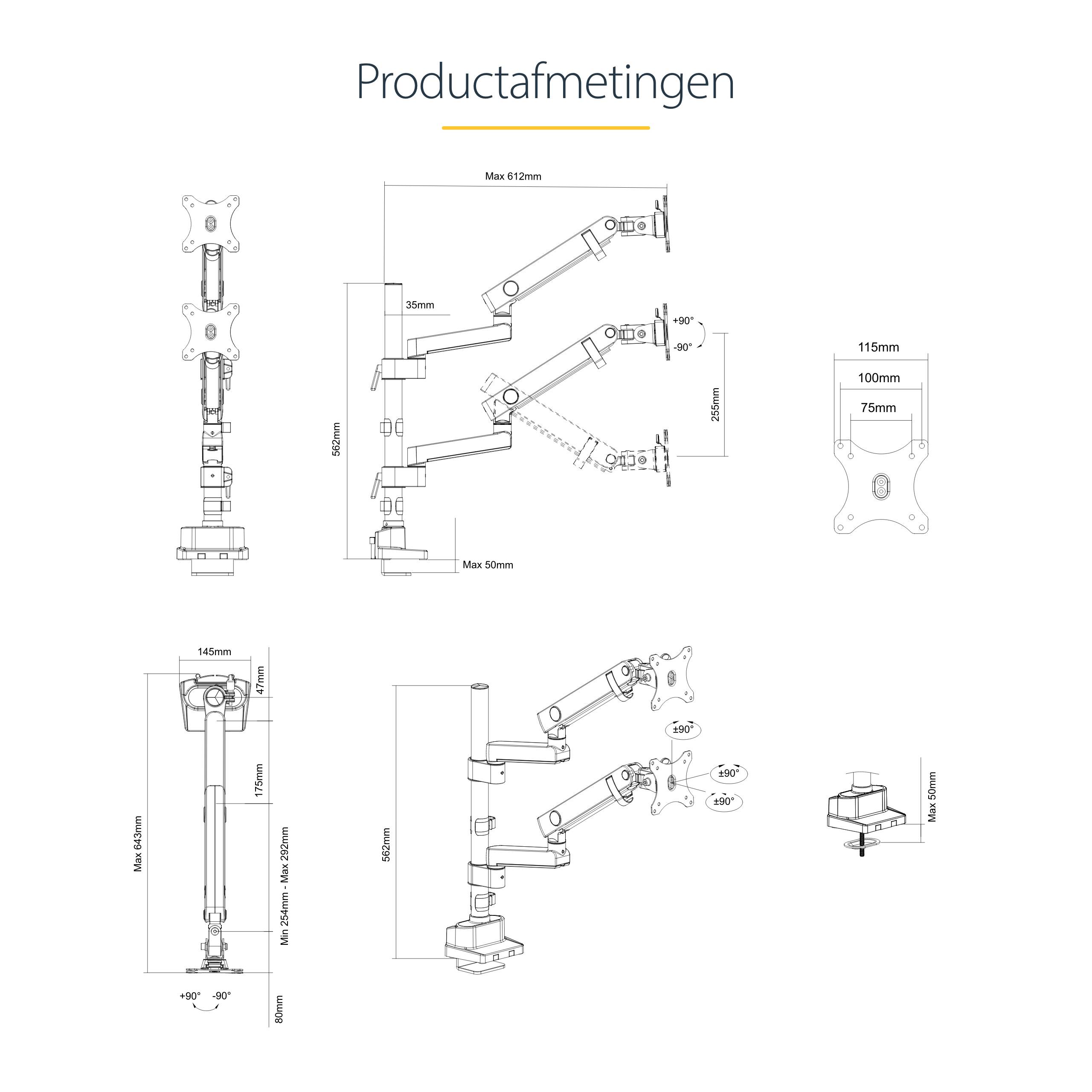 StarTech.com Dubbele Monitor Arm voor Bureaumontage, Full Motion Monitorbeugel voor 2x VESA-displays tot 32" (8kg), Verticale Stapelbare Armen, Hoogte verstelbaar/Articulerend - Bureauklem/Doorvoertule