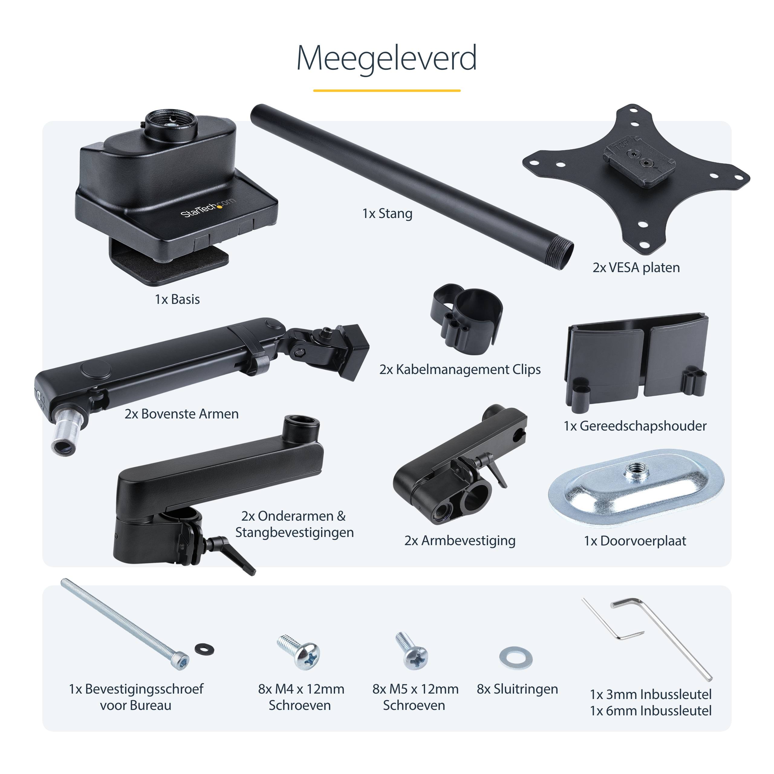 StarTech.com Dubbele Monitor Arm voor Bureaumontage, Full Motion Monitorbeugel voor 2x VESA-displays tot 32" (8kg), Verticale Stapelbare Armen, Hoogte verstelbaar/Articulerend - Bureauklem/Doorvoertule