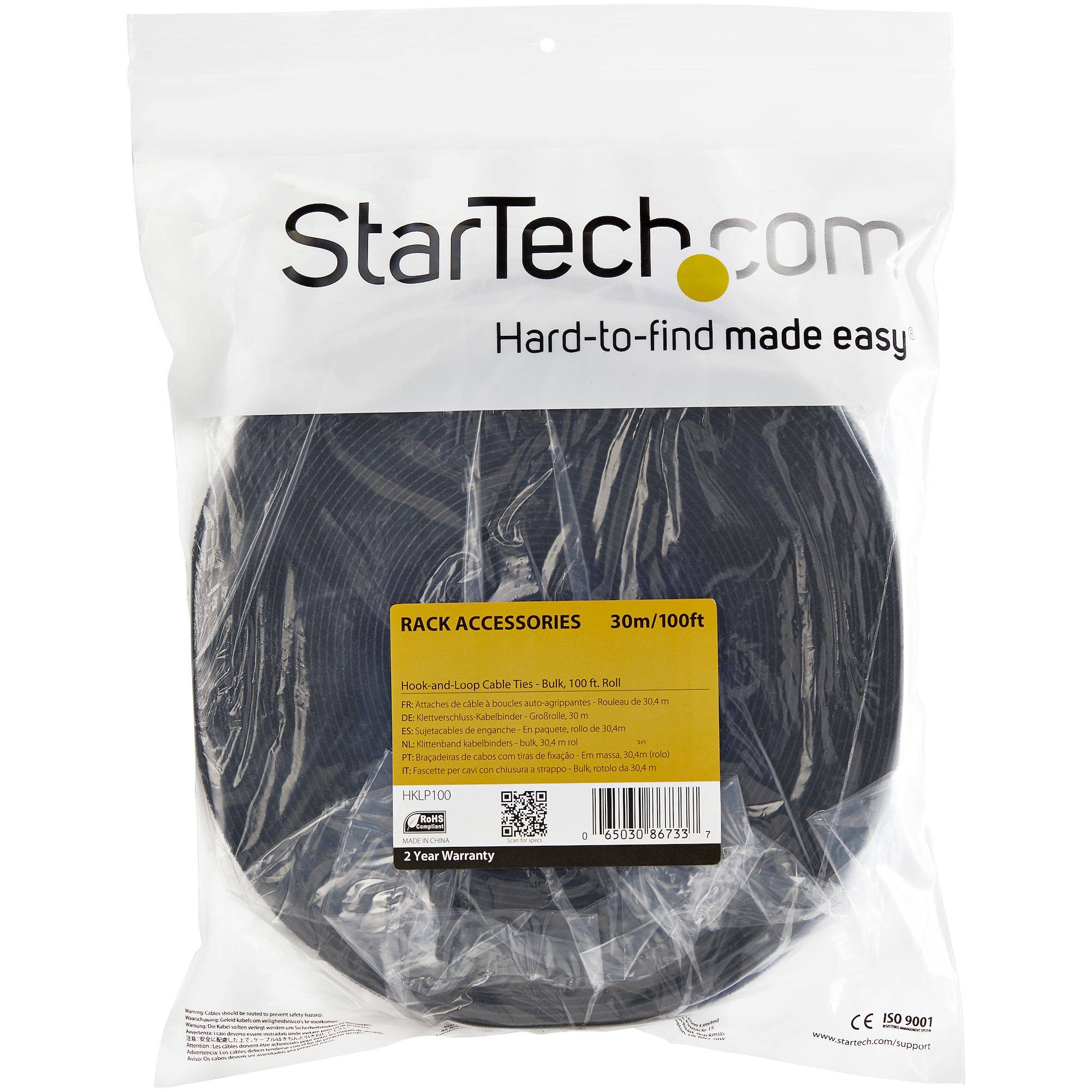 StarTech.com 30m Bulk Rol Klittenband - Op Maat te Knippen Herbruikbare Kabelbinders - Industriële Klitband Tape - Zelfklevende Klittenband Tyrap Strips - Zwart