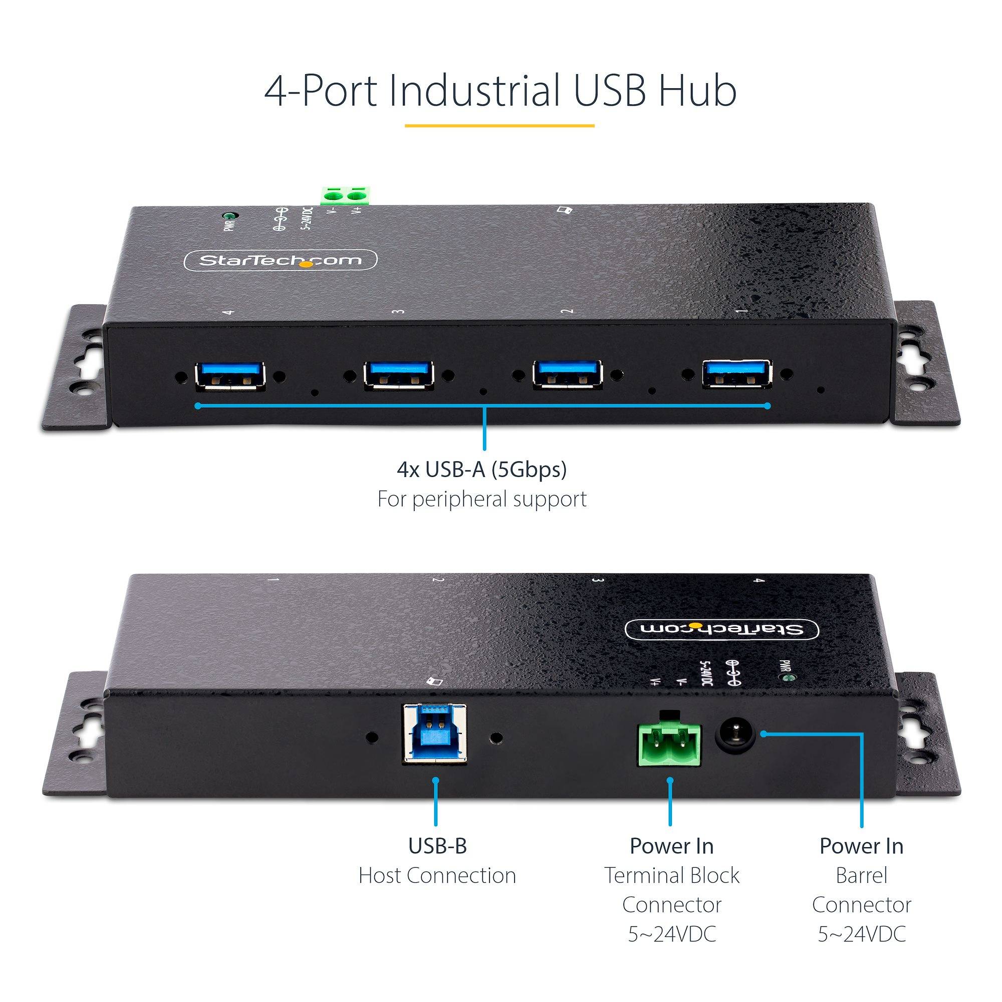 StarTech.com 4-Port Industrial USB 3.0 Hub, 5Gbps, Rugged USB Hub met ESD en Overspanningsbeveiliging, DIN/Wand/Bureau Monteerbare USB-A Hub, USB Expander met Vergrendelbare Poorten, Heavy Duty