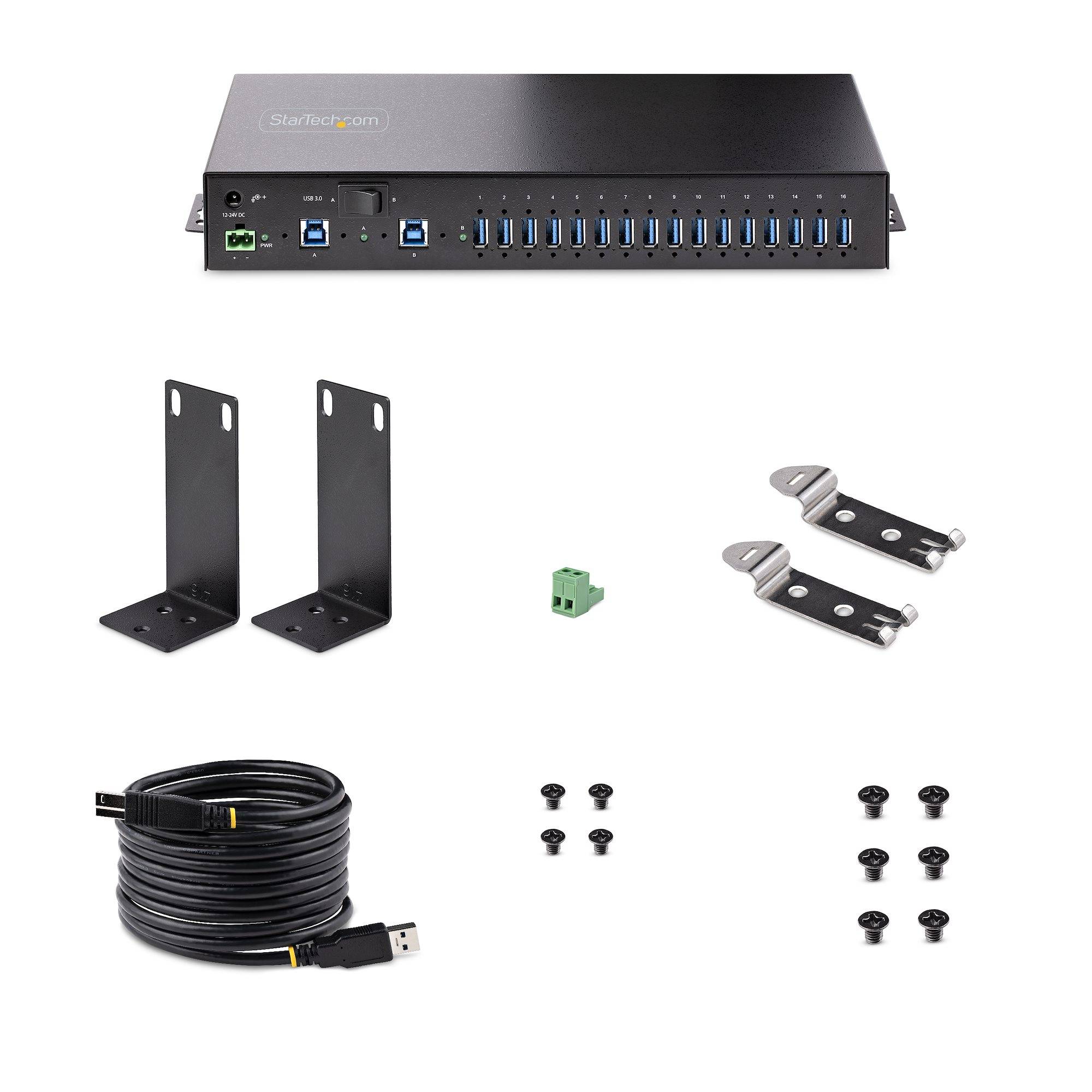 StarTech.com 16-Port Industrial USB 3.0 Hub, 5Gbps, Staal, DIN/Wand/Rack Monteerbaar, ESD Beveiliging, Terminal Block Voeding, Tot 120W Gedeelde USB Charging, Dual-Host Hub/Switch