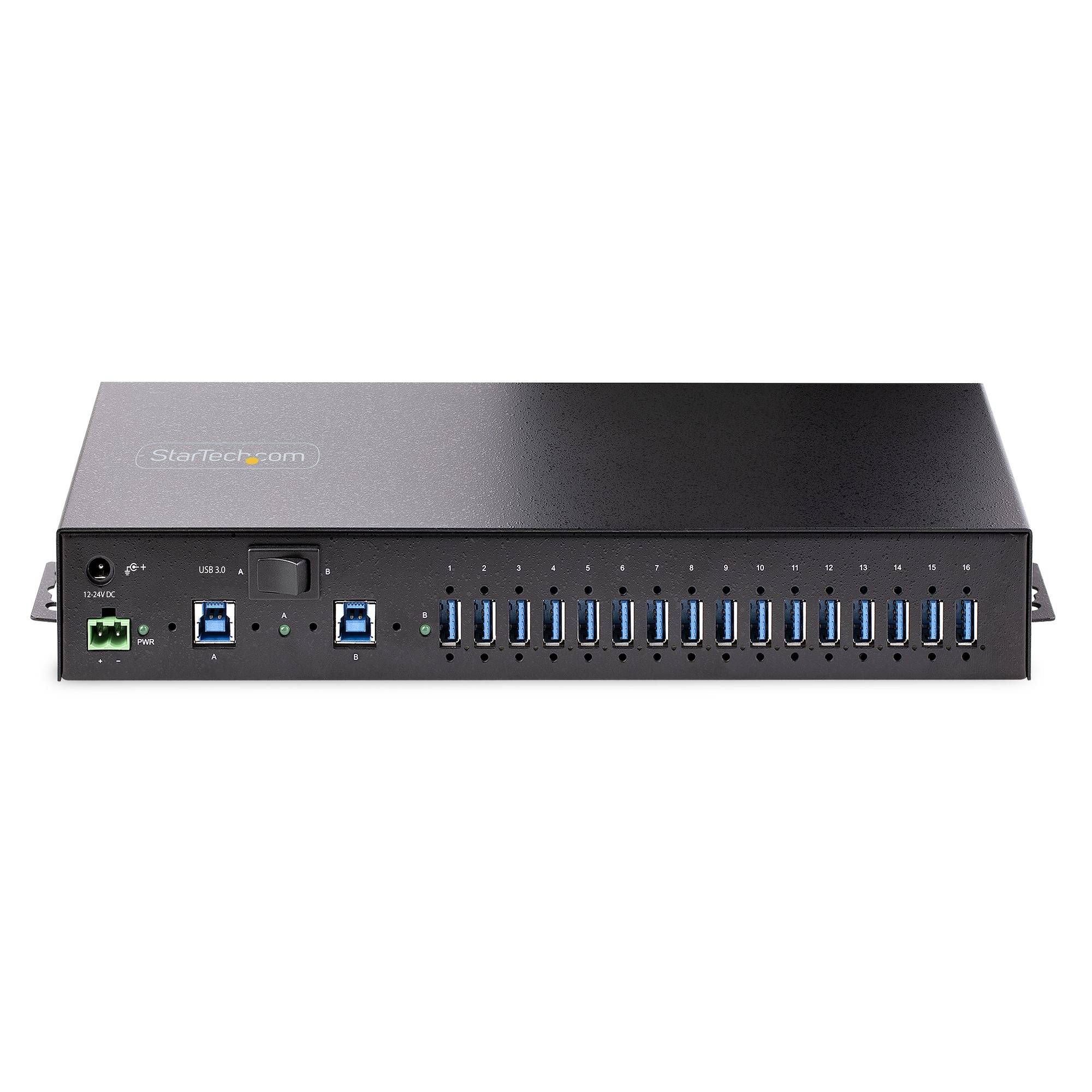 StarTech.com 16-Port Industrial USB 3.0 Hub, 5Gbps, Staal, DIN/Wand/Rack Monteerbaar, ESD Beveiliging, Terminal Block Voeding, Tot 120W Gedeelde USB Charging, Dual-Host Hub/Switch
