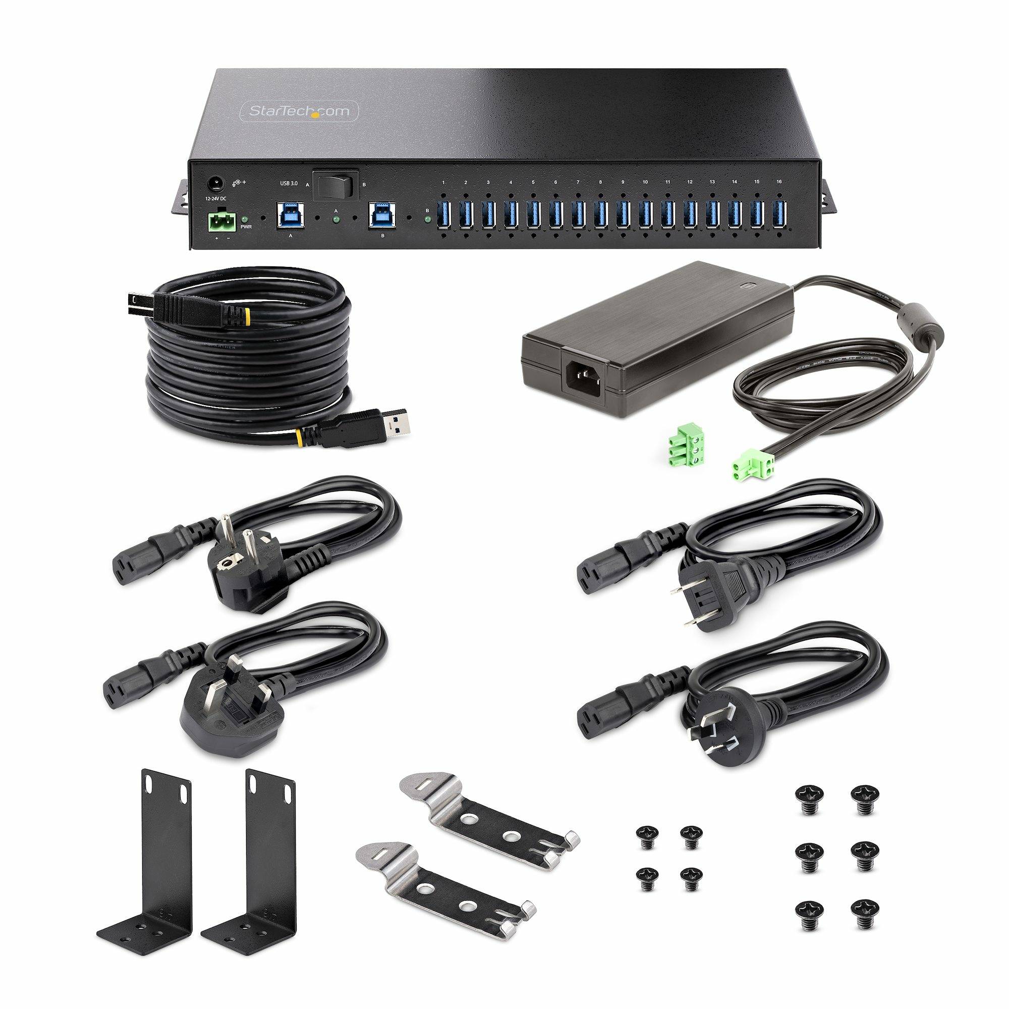 StarTech.com 16-Port Industriële USB Hub met Power Adapter, 5Gbps, Metalen Behuizing, Monteerbaar, ESD Bescherming, Terminal Block Voeding, USB Charging, Dual-Host Switch