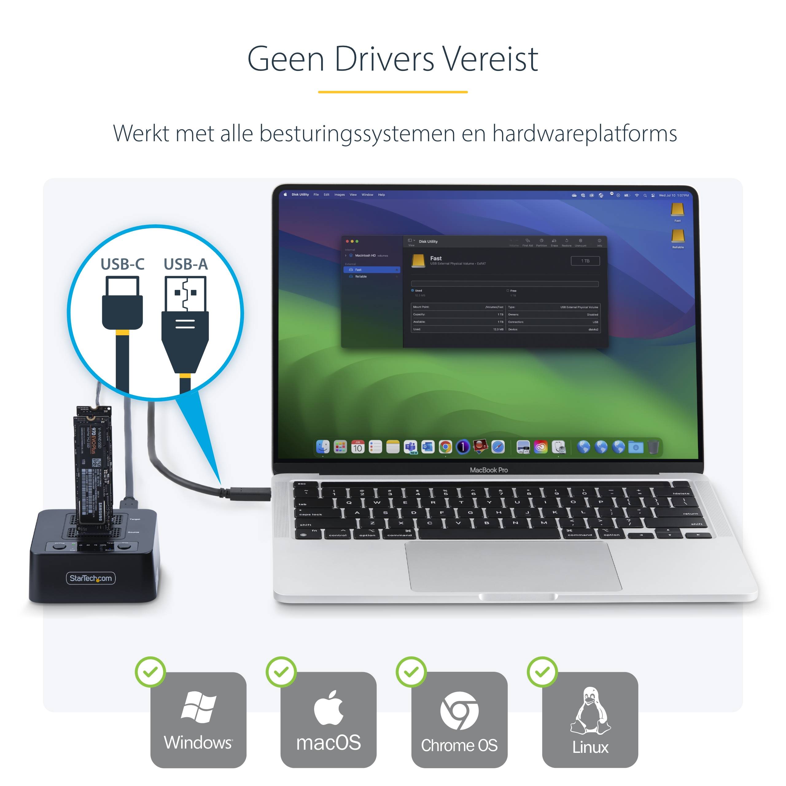 StarTech.com 1:1 M.2 NVMe Drive Duplicator, Standalone M.2 SSD Cloner/Copier tot 90GBpm, USB 3.2 20Gbps Dual-Bay M.2 Drive Dock, Inclusief USB-C/A Kabels