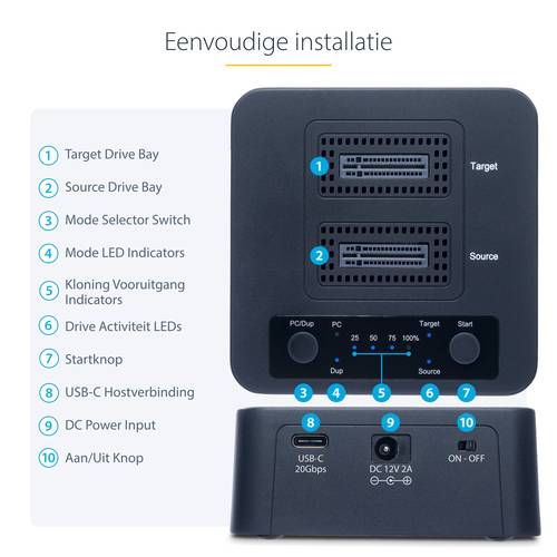 StarTech.com 1:1 M.2 NVMe Drive Duplicator, Standalone M.2 SSD Cloner/Copier tot 90GBpm, USB 3.2 20Gbps Dual-Bay M.2 Drive Dock, Inclusief USB-C/A Kabels