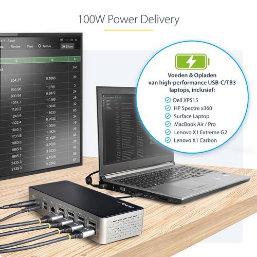 StarTech.com USB-C Dock, 4K 60Hz Quad Monitor DisplayPort & HDMI, Universeel USB Type-C Docking Station met 100W Power Delivery, USB Hub met 1x USB Type-C & 3x USB-A, Ethernet, Audio