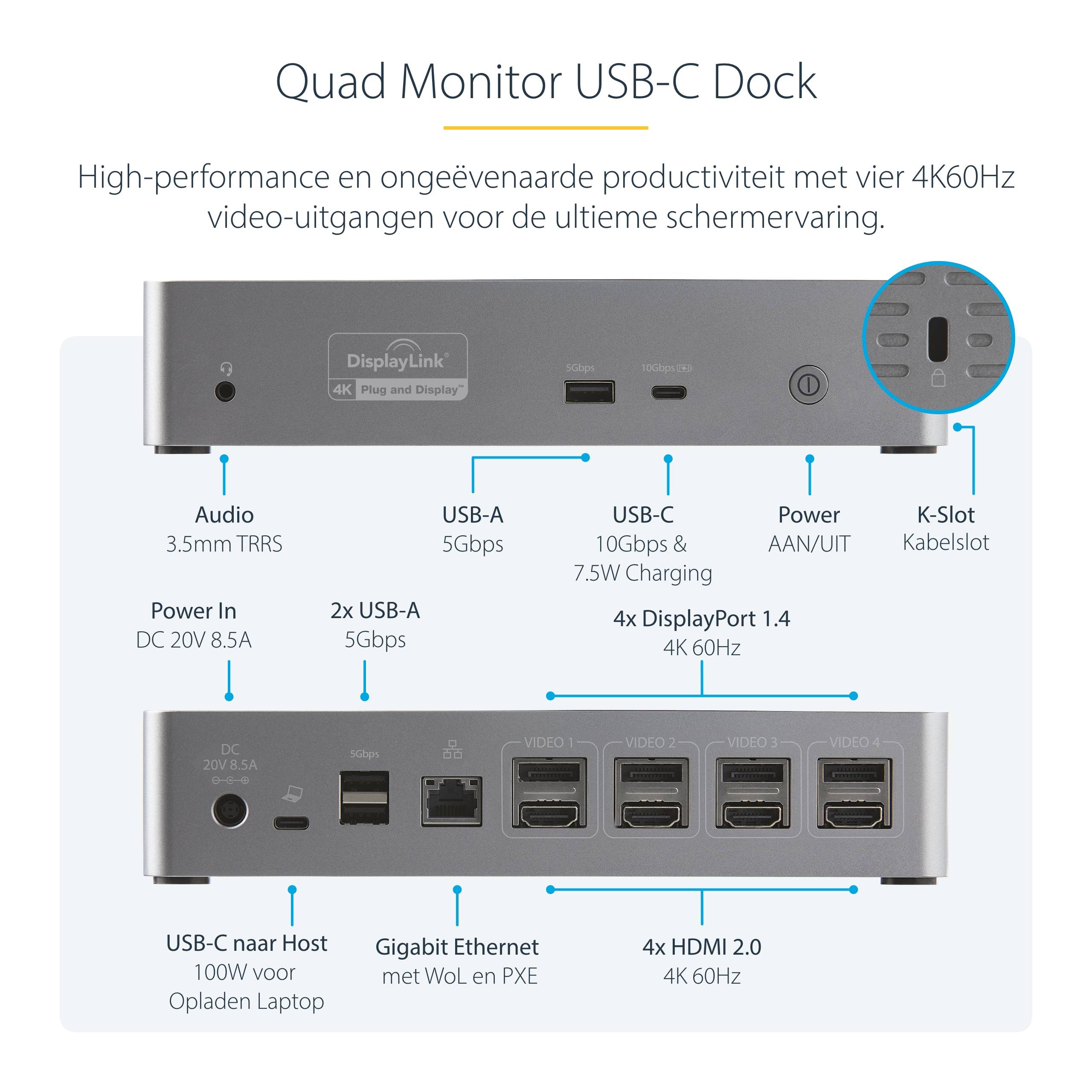 StarTech.com USB-C Dock, 4K 60Hz Quad Monitor DisplayPort & HDMI, Universeel USB Type-C Docking Station met 100W Power Delivery, USB Hub met 1x USB Type-C & 3x USB-A, Ethernet, Audio