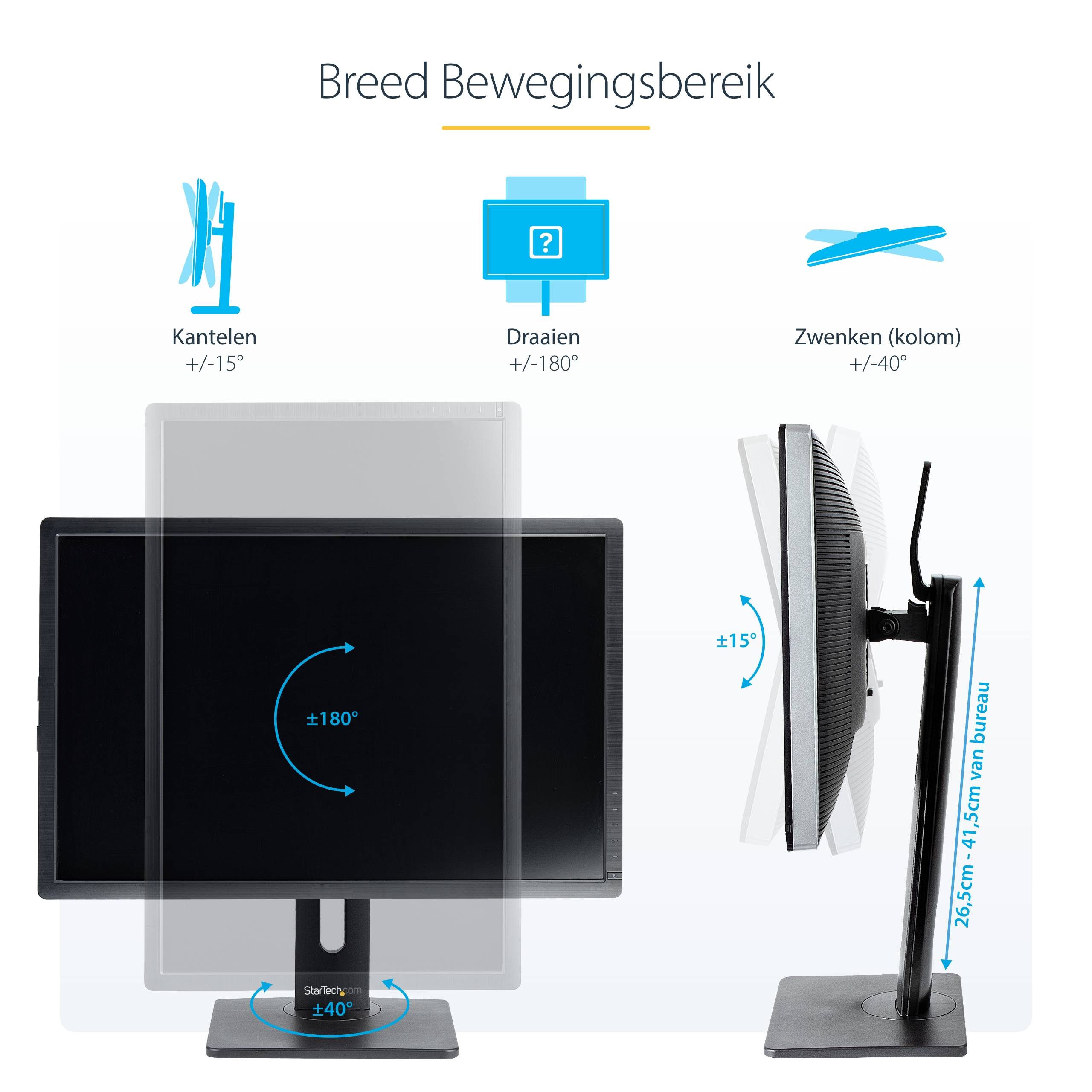 StarTech.com Beweegbare Bureau Monitorsteun, In Hoogte Verstelbare Monitor Beugel voor VESA Displays tot 32" (7kg), Ergonomische Bureau Monitor Stand, Kantelen/Zwenken/Roteren