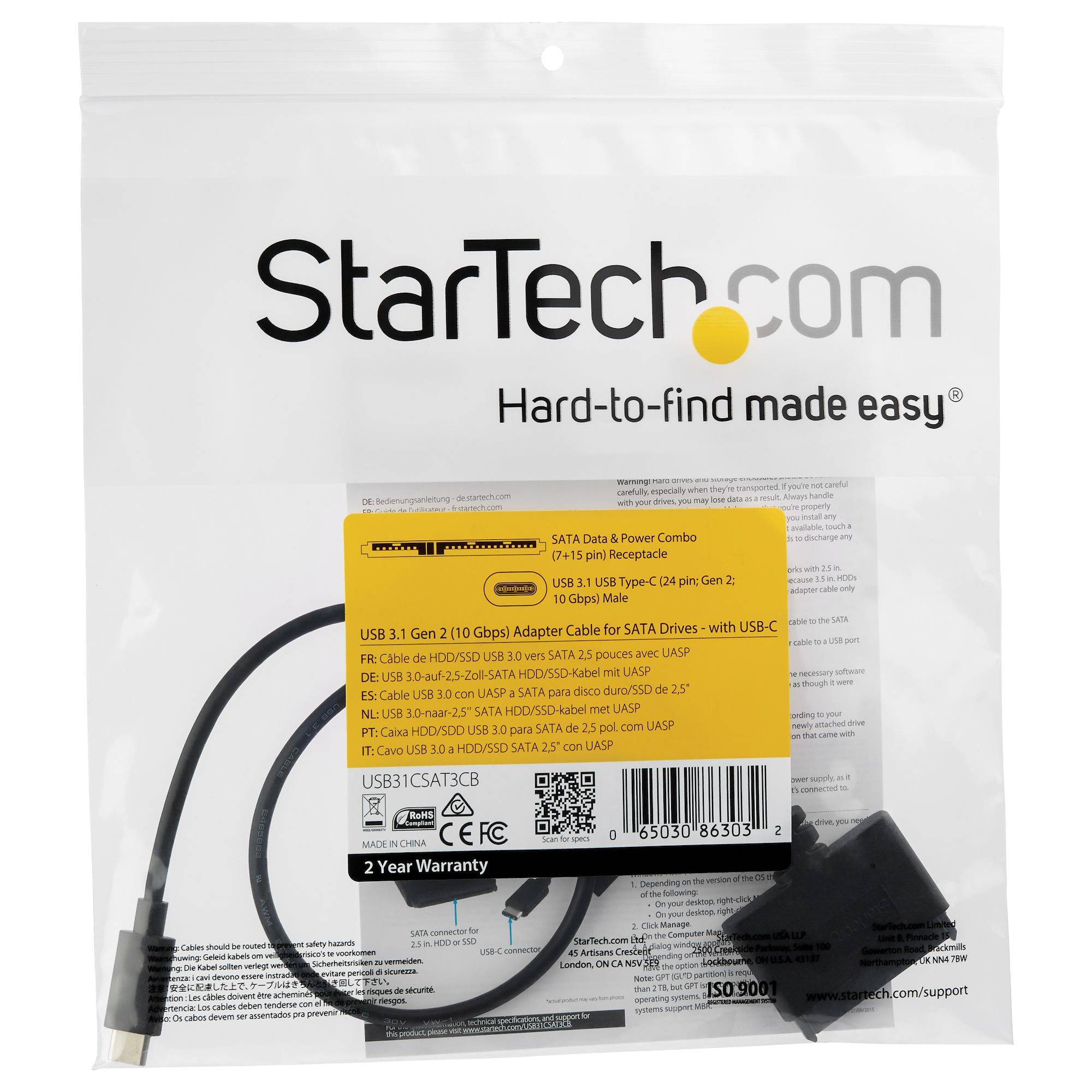 StarTech.com USB 3.1 (10Gps) adapter kabel voor 2,5" SATA schijven met USB-C