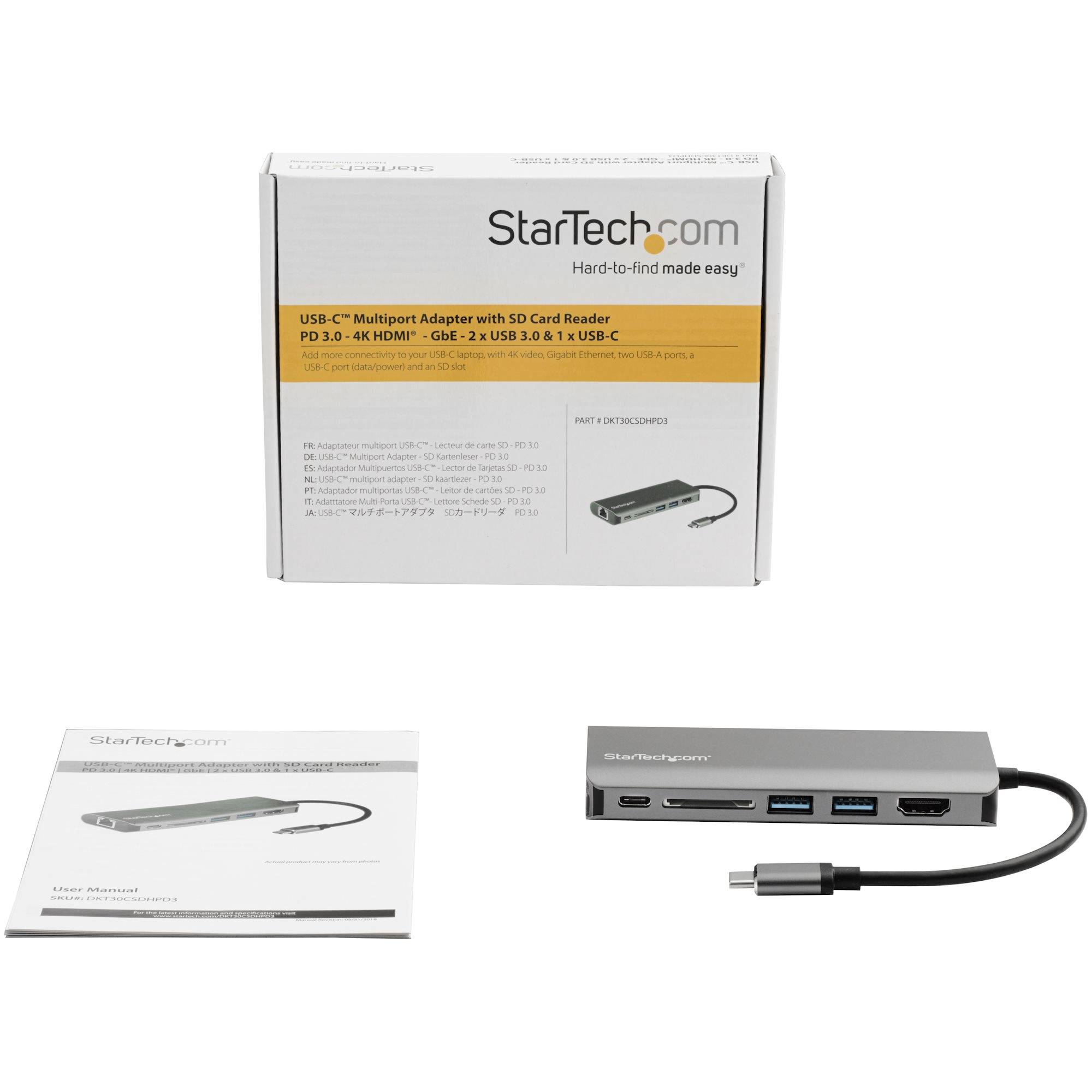 StarTech.com USB-C Multiport Adapter - USB-C Travel Dock met 4K HDMI, 3x USB 3.0 Hub, SD/SDHC, GbE, 60W PD 3.0 Pass-Through - Compacte USB-C Mini Docking Station USB Type-C/Thunderbolt 3