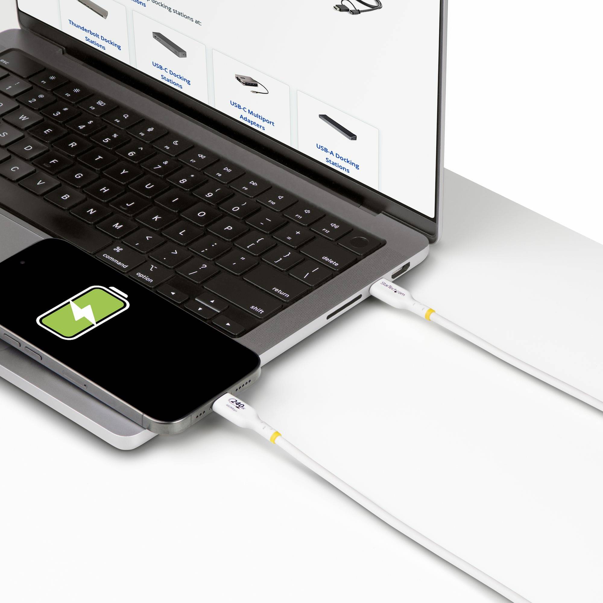 StarTech.com 1m USB-C Laadkabel, Charge & Sync, 240W (5A) PD EPR, USB 2.0, Laptop Type C Laadkabel, USB-IF Gecertificeerd, TPE Mantel - Witte USB-C Oplaadkabel