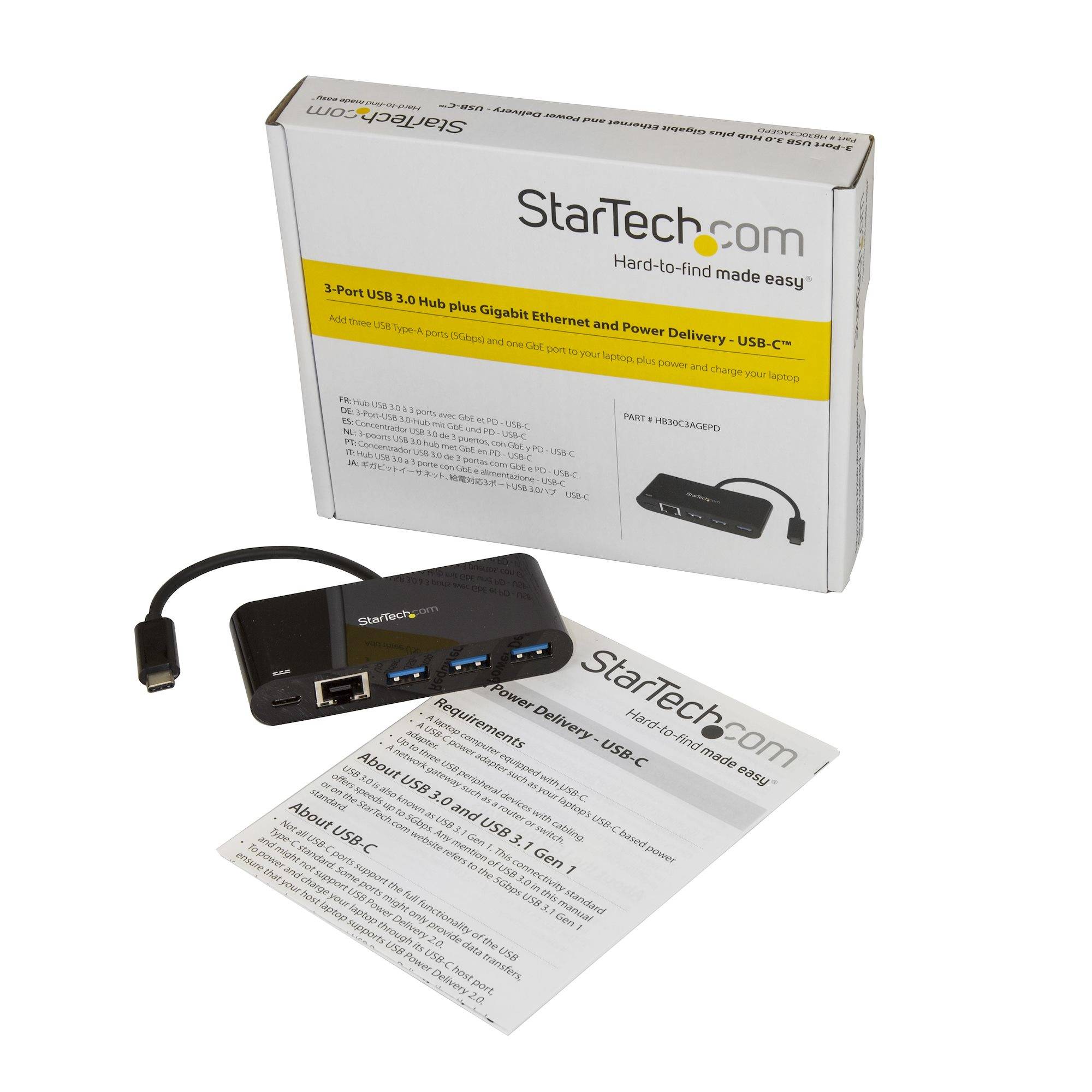 StarTech.com 3 poorts USB 3.0 hub met Gigabit Ethernet en Power Delivery - 5Gbps - USB-C