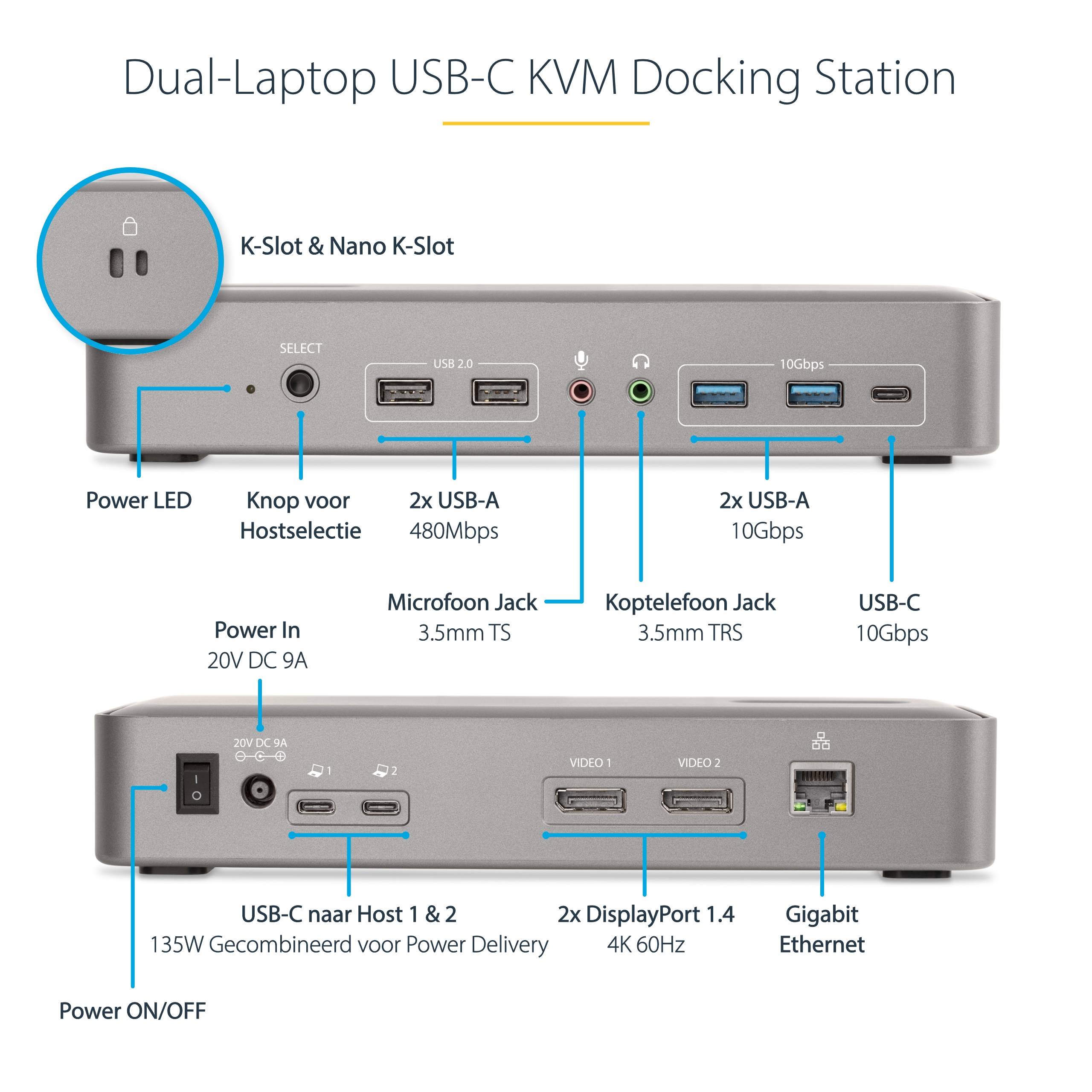 StarTech.com Dual-Laptop USB-C KVM Docking Station, Dual Monitor 4K 60Hz DisplayPort Dock, 5-Port USB Hub, GbE, 90W/45W Power Delivery voor Twee Laptops, Windows/Mac, Dual Host KVM Dock
