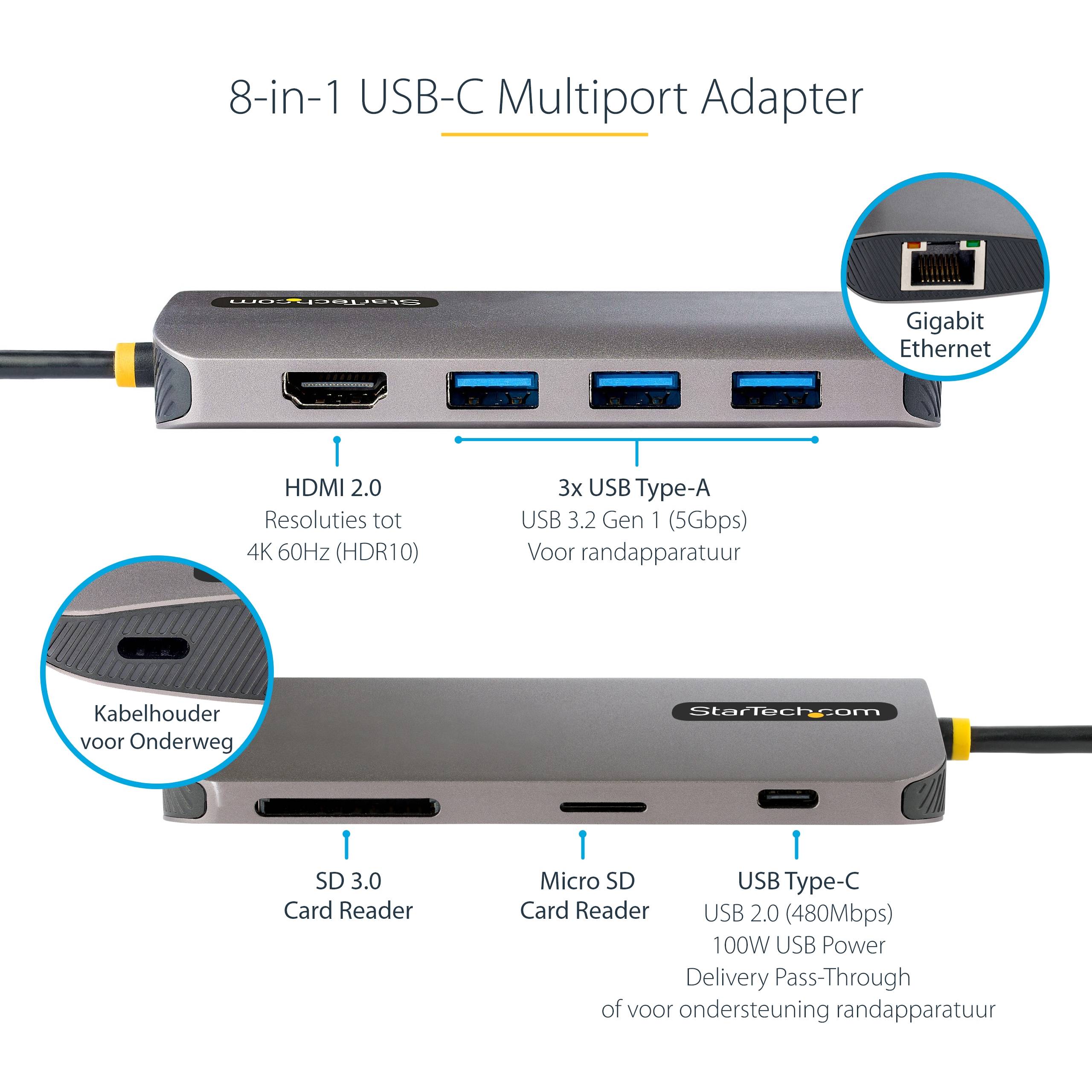 StarTech.com USB C Multiport Adapter, 4K 60Hz HDMI Video, 3 Port 5Gbps USB-A Hub, 100W USB Power Delivery Pass-Through, GbE, SD/MicroSD, 30cm Kabel, Travel Dock, Laptop Docking Station