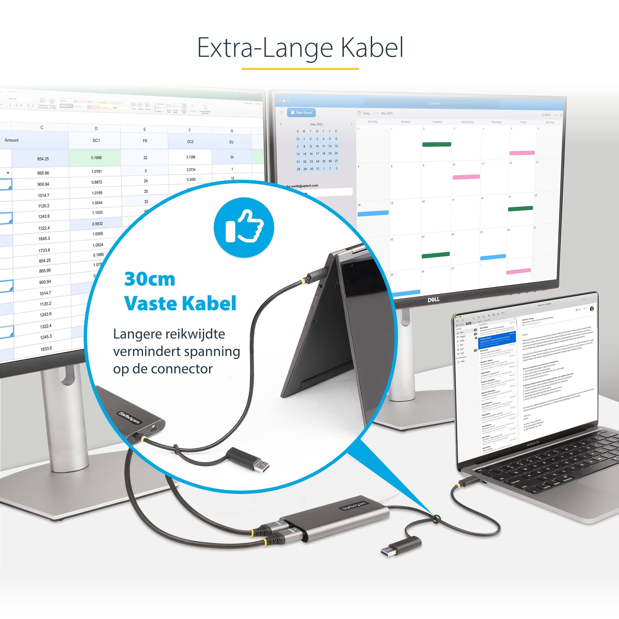 StarTech.com USB-C naar Dual-HDMI Adapter, USB-C of A naar 2x HDMI, 4K 60Hz, 100W Power Delivery Pass-Through, 30cm Ingebouwde Kabel, USB naar HDMI Multi-Monitor Converter voor Laptop
