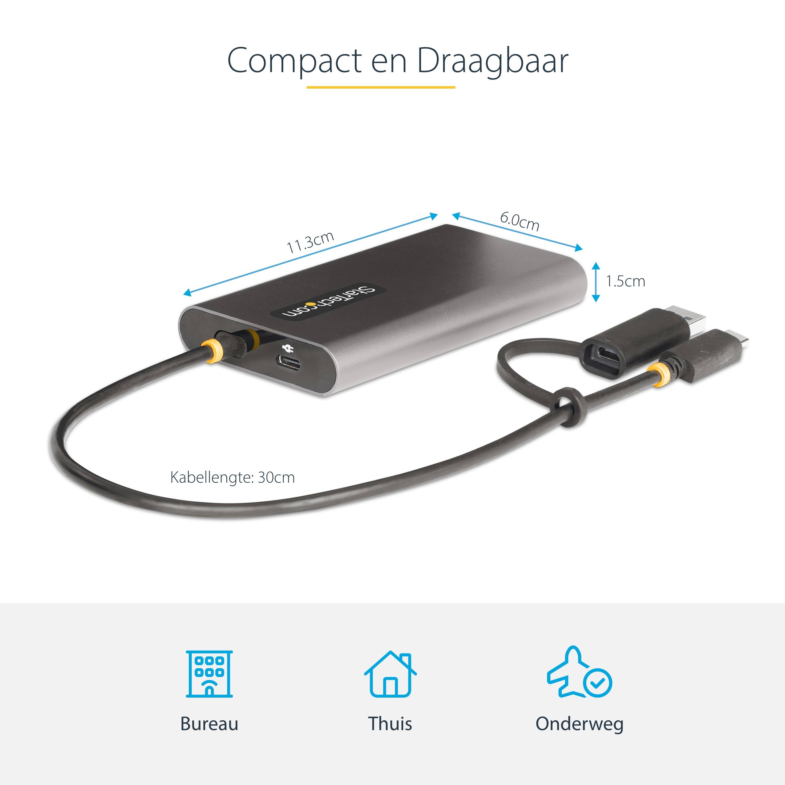 StarTech.com USB-C naar Dual-HDMI Adapter, USB-C of A naar 2x HDMI, 4K 60Hz, 100W Power Delivery Pass-Through, 30cm Ingebouwde Kabel, USB naar HDMI Multi-Monitor Converter voor Laptop
