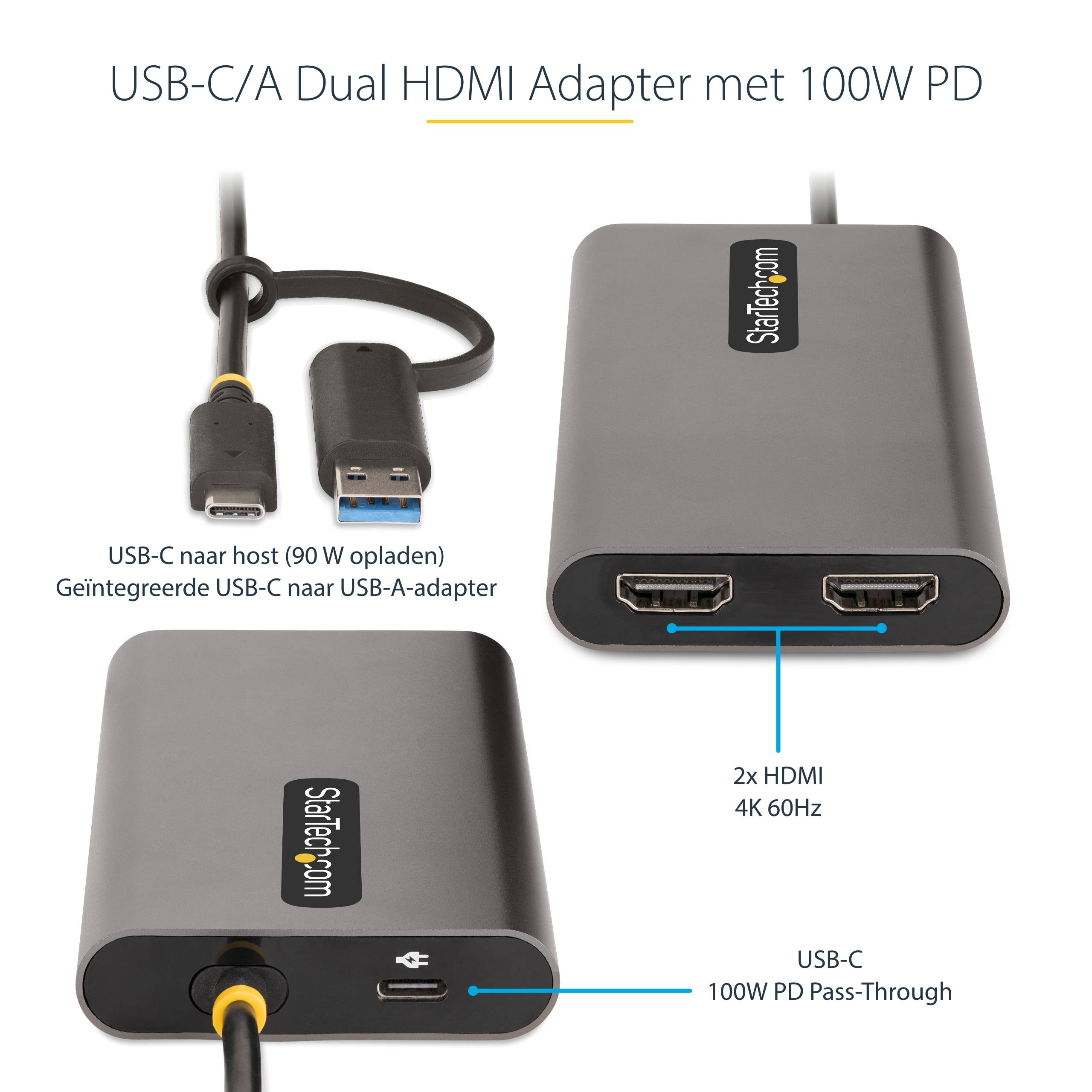 StarTech.com USB-C naar Dual-HDMI Adapter, USB-C of A naar 2x HDMI, 4K 60Hz, 100W Power Delivery Pass-Through, 30cm Ingebouwde Kabel, USB naar HDMI Multi-Monitor Converter voor Laptop