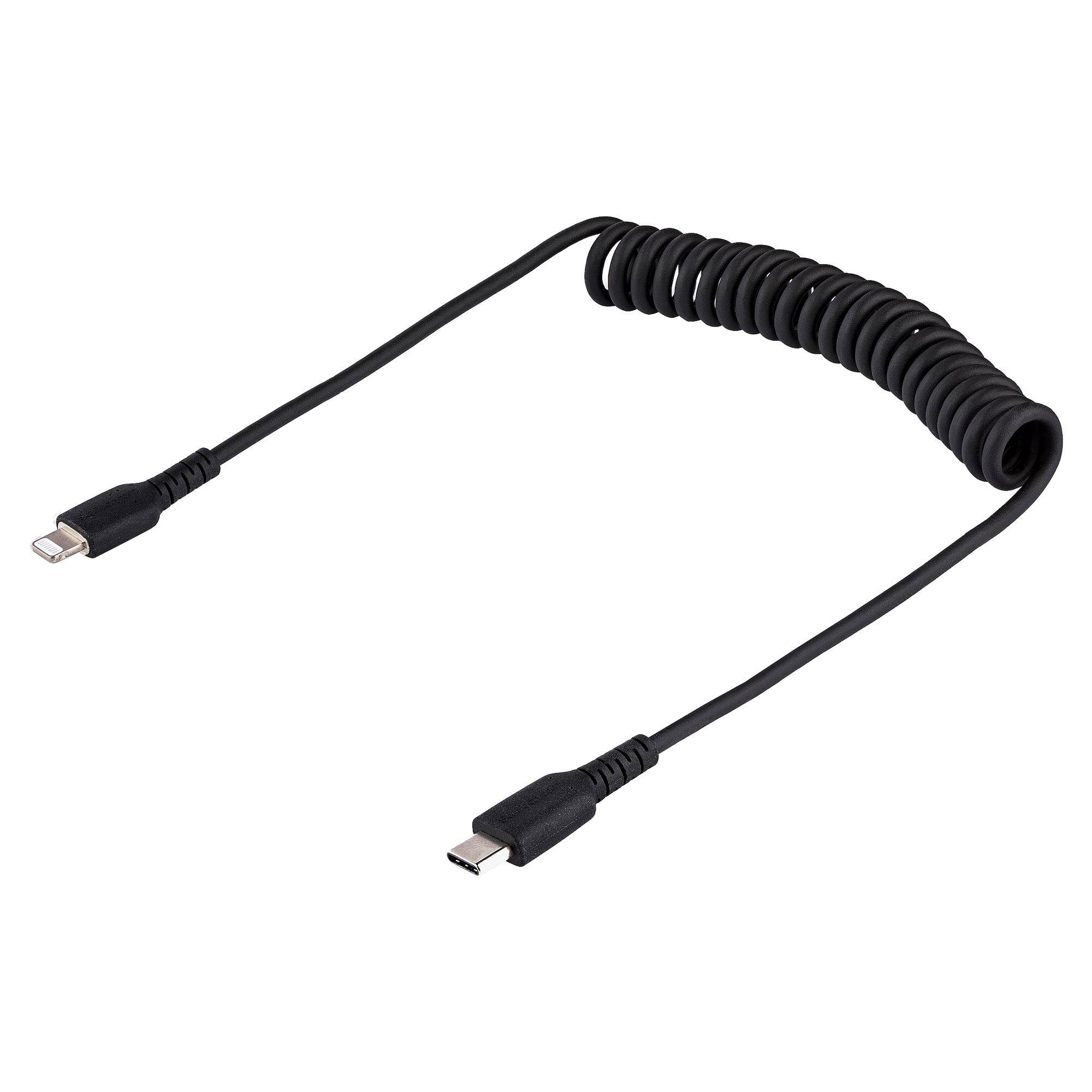 StarTech.com 50cm USB-C naar Lightning Kabel, Zwart, MFi Gecertificeerd, iPhone Lader Spiraalkabel, Duurzame Aramidevezels, Robuuste USB-C Lightning Laadkabel