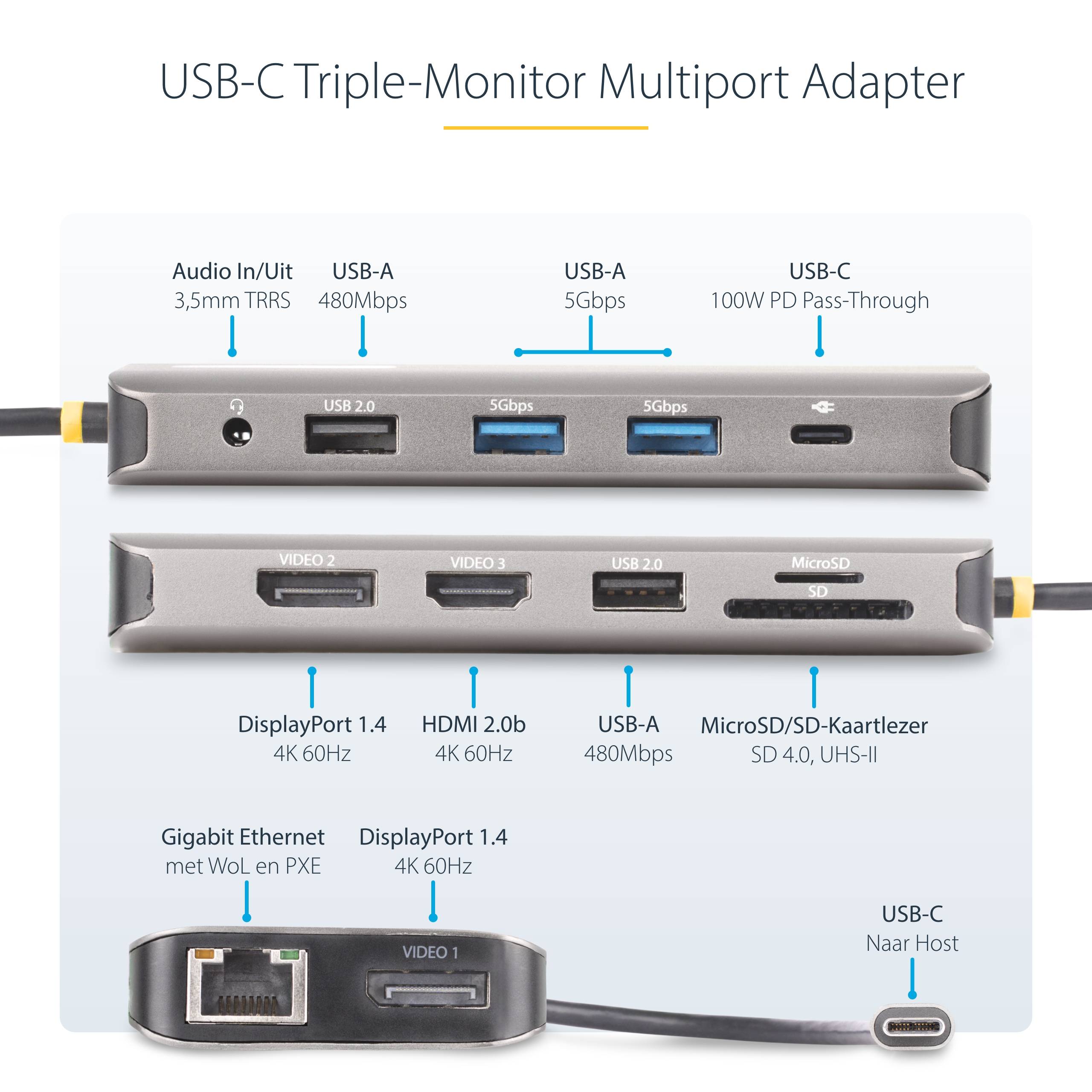 StarTech.com USB-C Triple Monitor Multiport Adapter, 5Gbps, Dual 4K 60Hz + 4K 30Hz HDMI & DisplayPort, 4-Port USB Hub, 100W PD Pass-Through, GbE, SD/MicroSD Kaartlezers