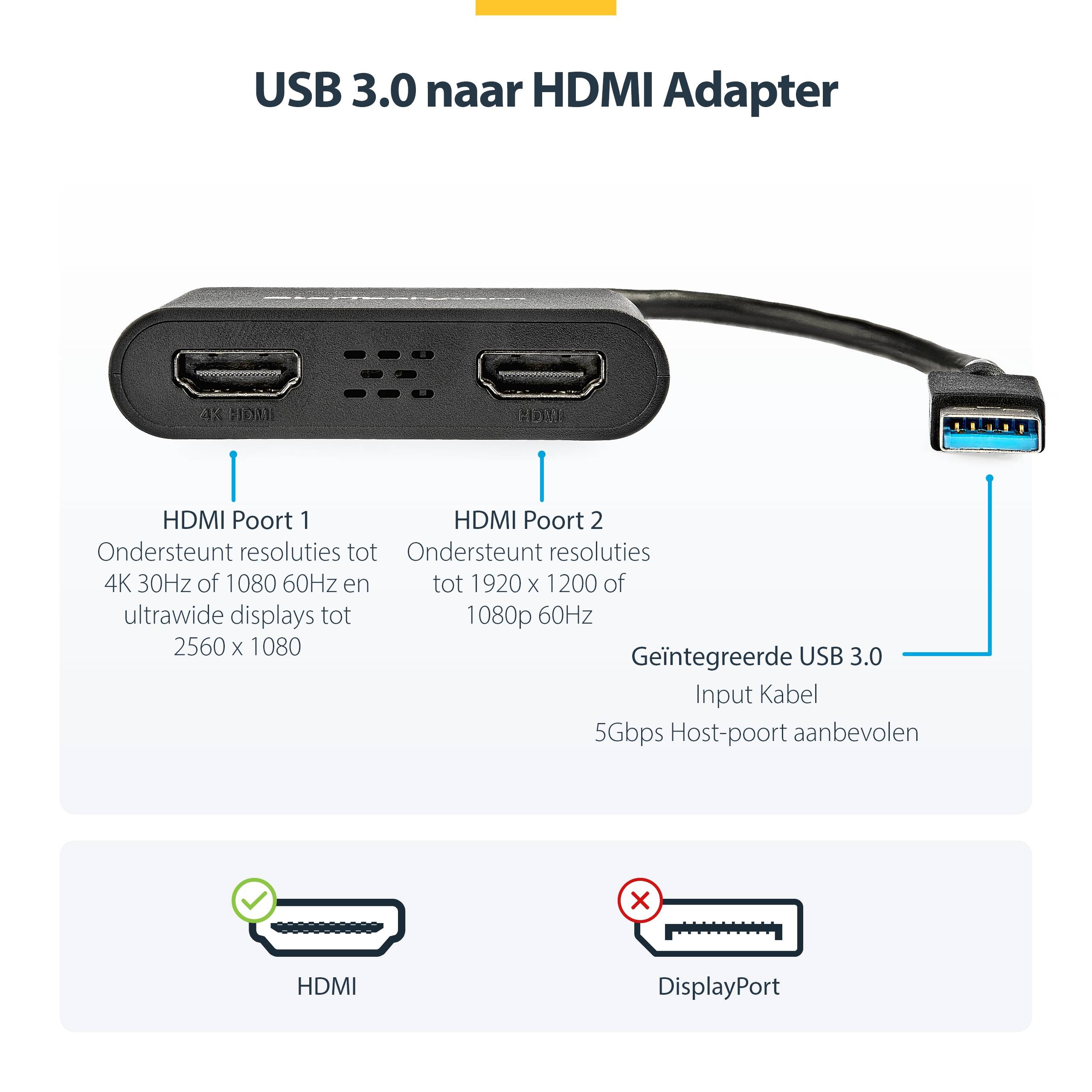 StarTech.com USB 3.0 naar Dual HDMI Adapter - Dual 1080p of Single 4K 30Hz - Externe video & grafische kaart - USB Type-A naar HDMI Dual Monitor Display Adapter - Alleen Windows - Zwart