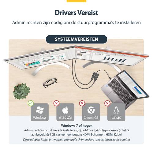 StarTech.com USB 3.0 naar Dual HDMI Adapter - Dual 1080p of Single 4K 30Hz - Externe video & grafische kaart - USB Type-A naar HDMI Dual Monitor Display Adapter - Alleen Windows - Zwart