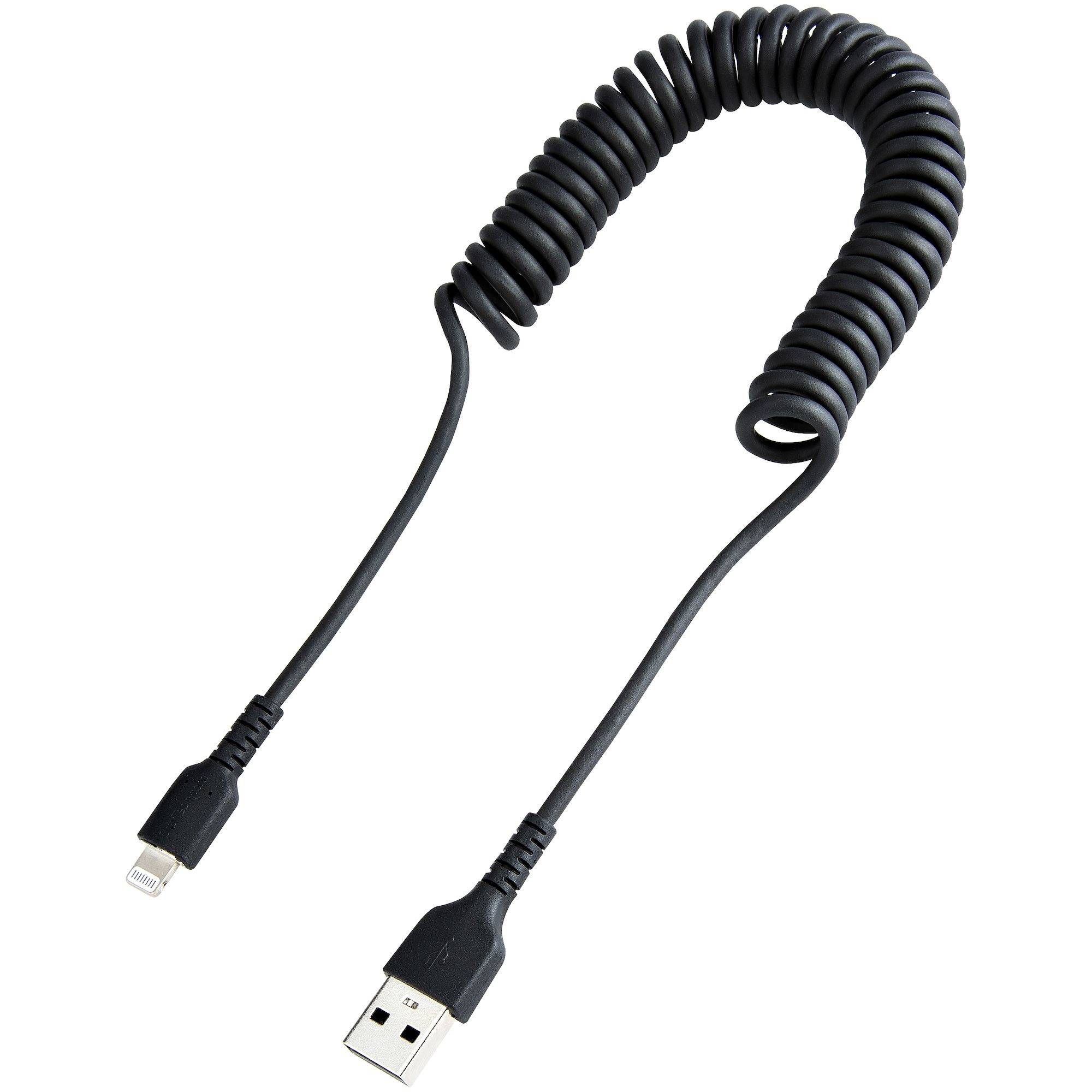 StarTech.com 50cm USB A naar Lightning Kabel, Zwart, MFi Gecertificeerd, iPhone Lader Spiraalkabel, Duurzame Aramidevezels, Robuuste USB Lightning Laadkabel