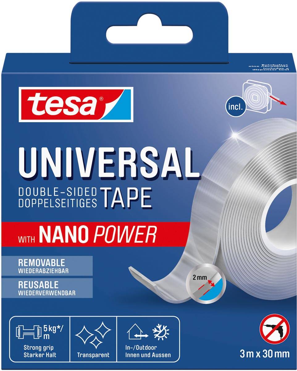 Tesa dubbelzijdige tape Nano Power, ft 3 m x 30 mm, transparant