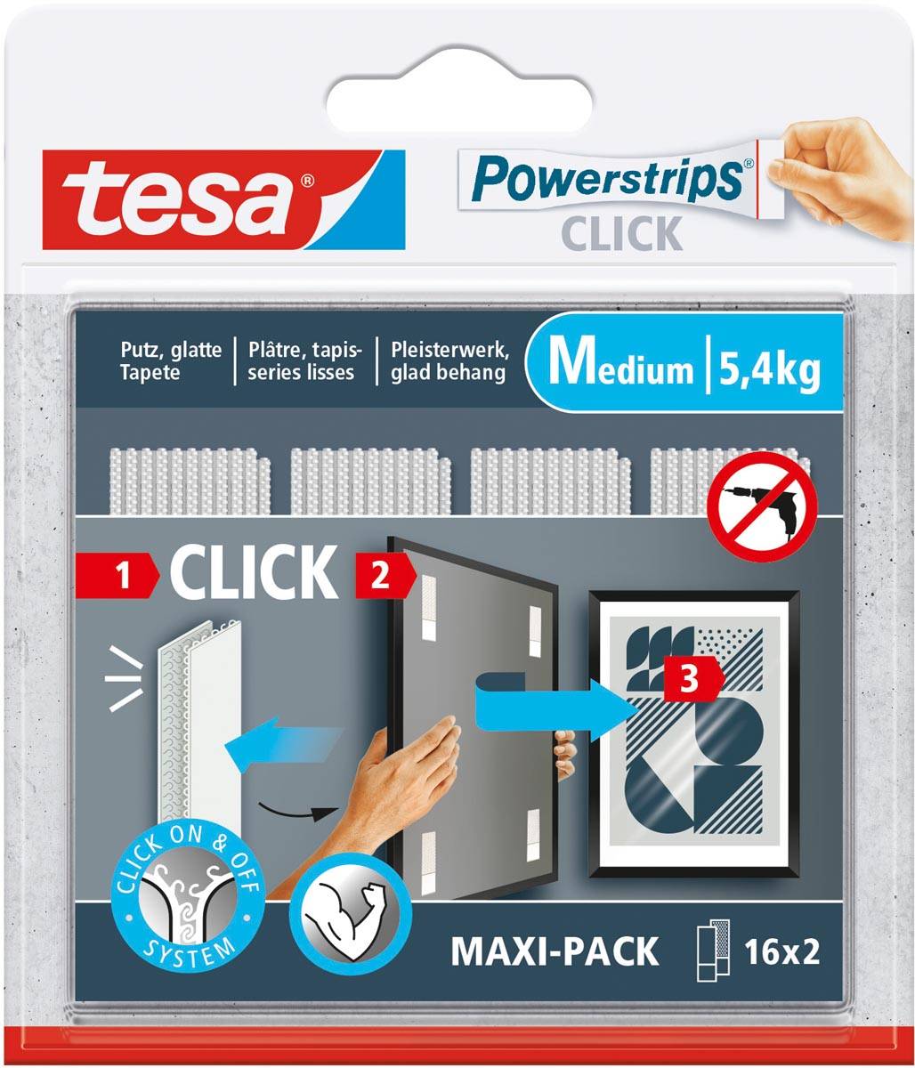 Tesa Powerstrips Click medium, draagkracht 1 kg, blister van 2 x 16 stuks