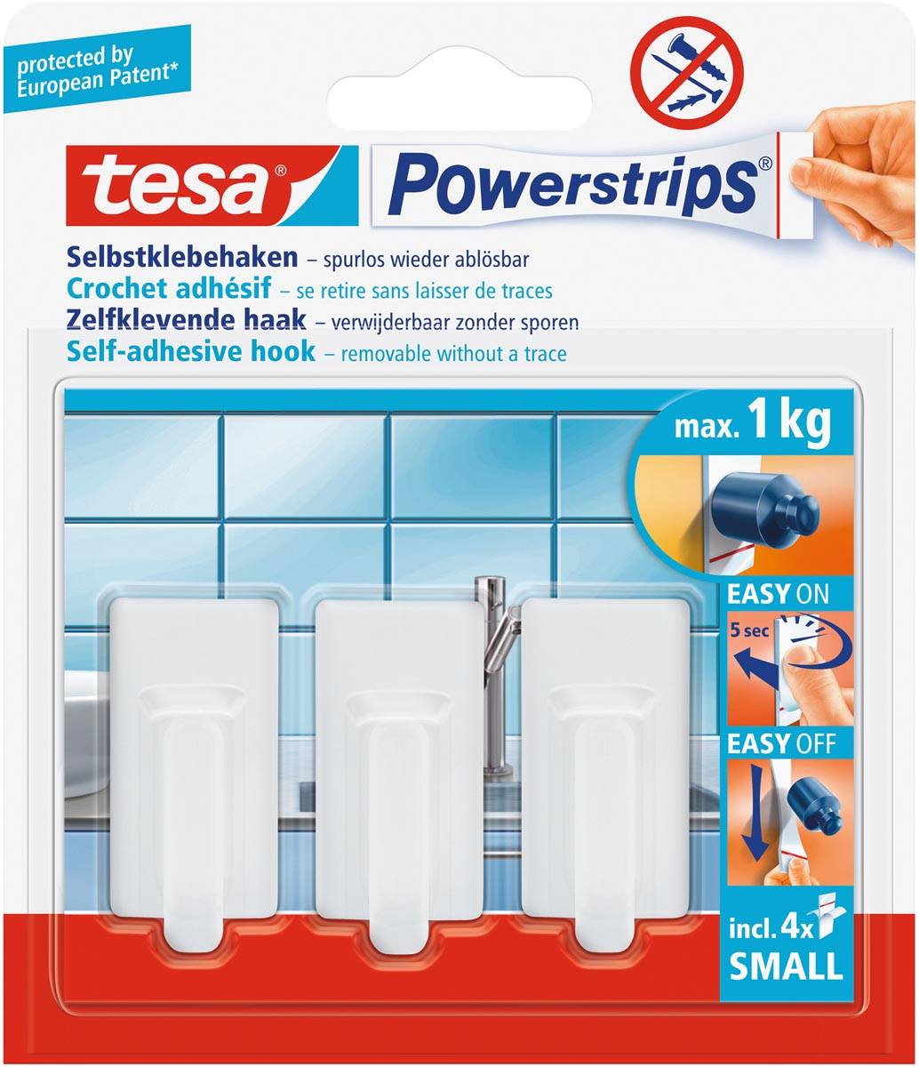 Tesa zelfklevende haken Powerstrips, draagkracht 1 kg, wit, blister van 4 strips en 3 haken
