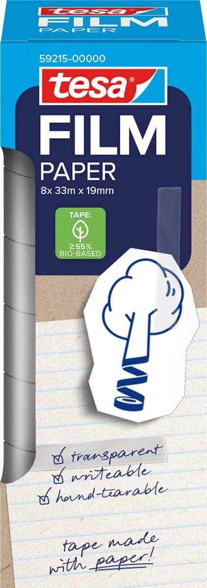 Tesafilm papier tape, ft 19 mm x 33 m, transparant, doos van 8 stuks