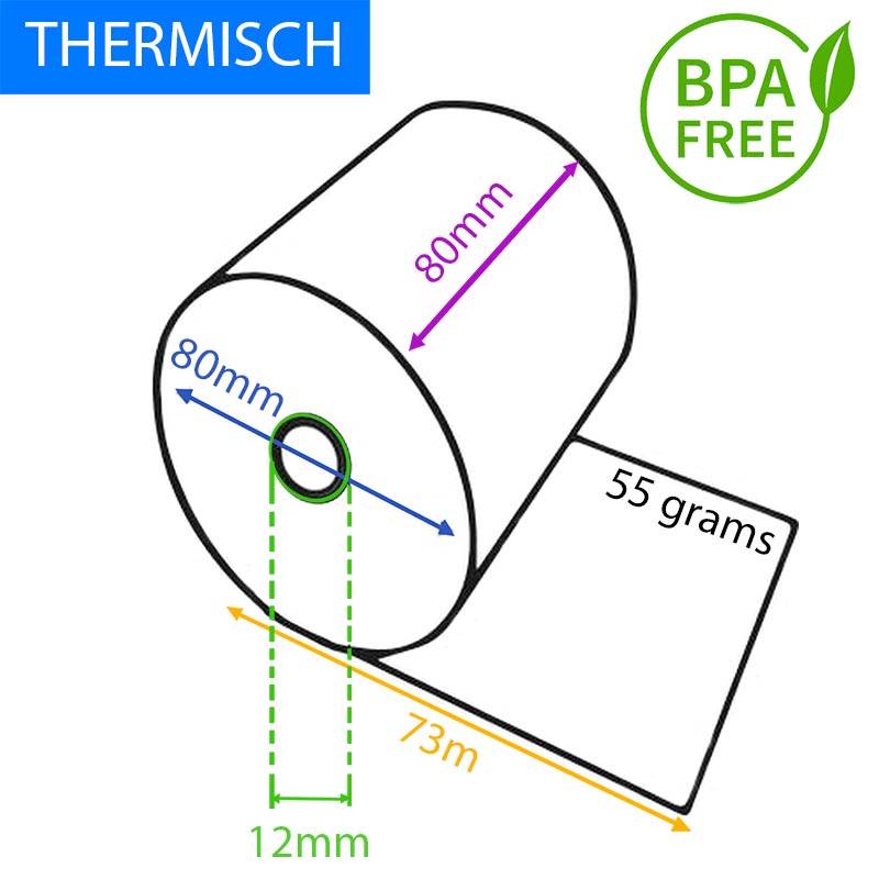 Thermorol BPA-vrij, 55 g, breedte 80 mm, diameter +- 80 mm, asgat 12 mm, lengte 73 m
