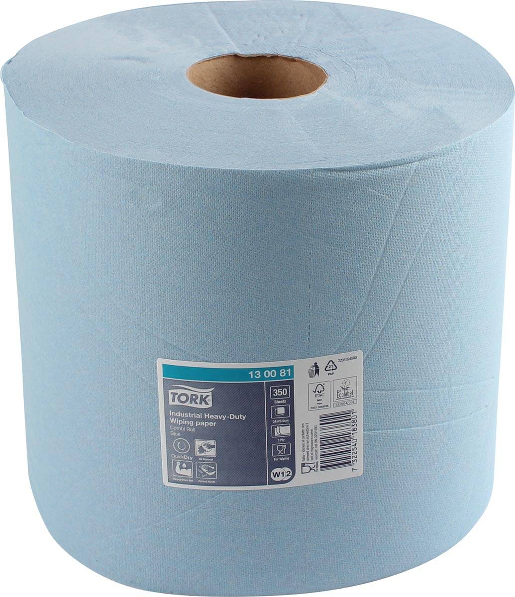Tork Industrial Heavy Duty poetspapier rol, 3-laags, systeem W1/W2, blauw, pak van 2 rollen