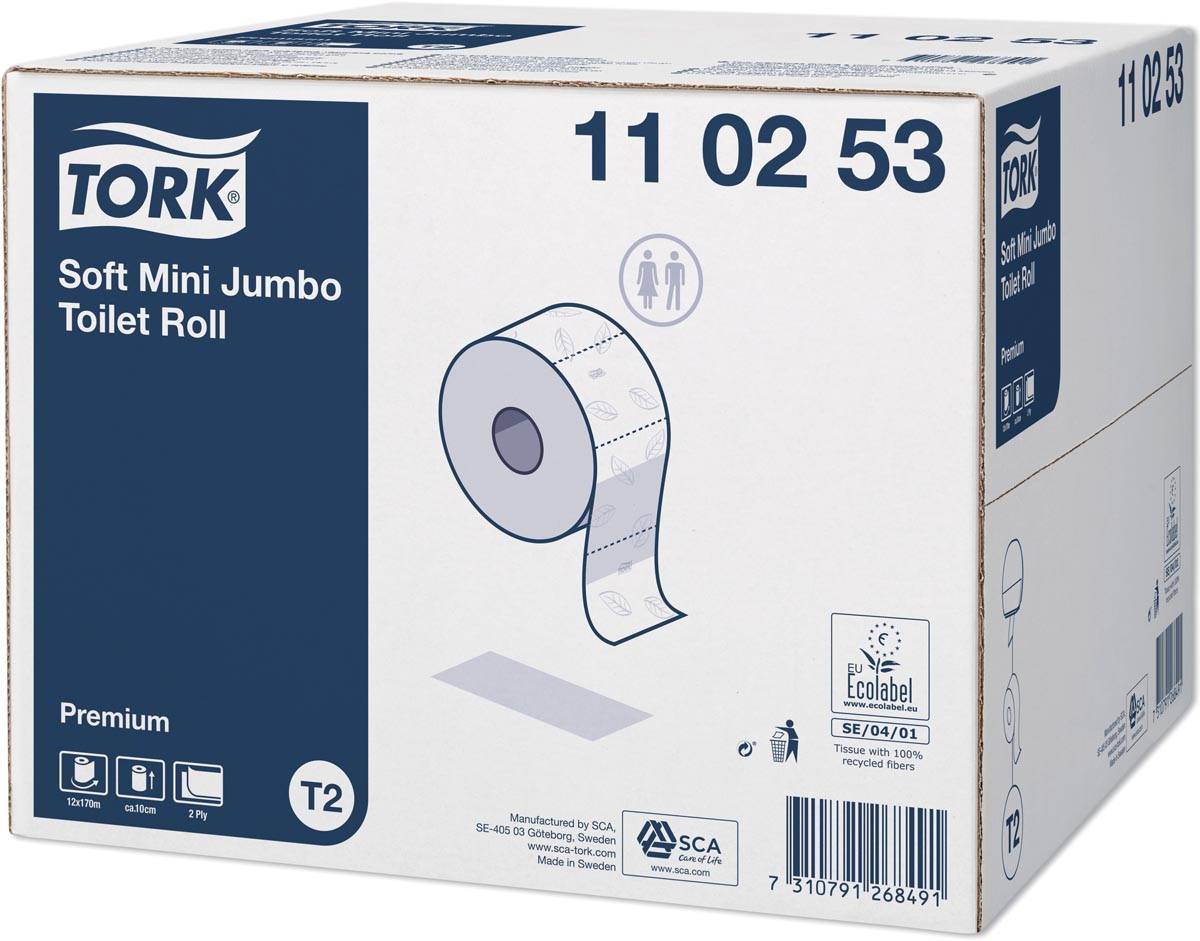 Tork Premium Mini jumborol toiletpapier zacht, 2-laags, systeem T2, wit