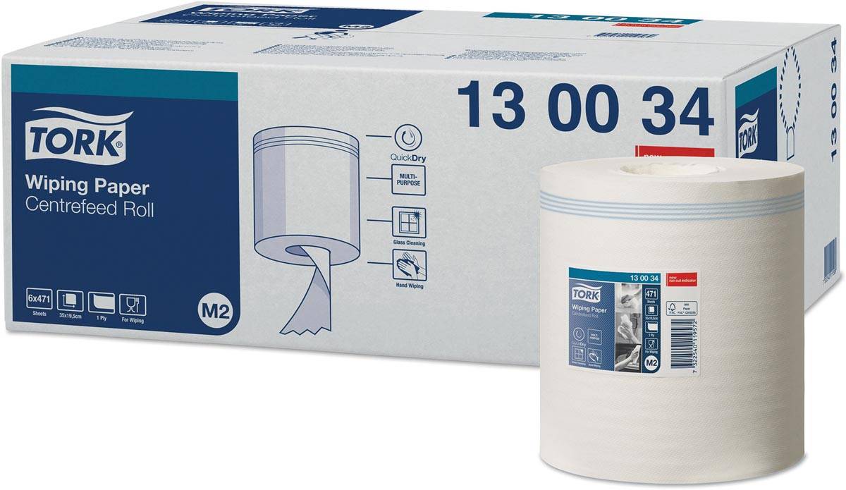Tork Wiping poetspapier, centerfeed, 1-laags, systeem M2, wit