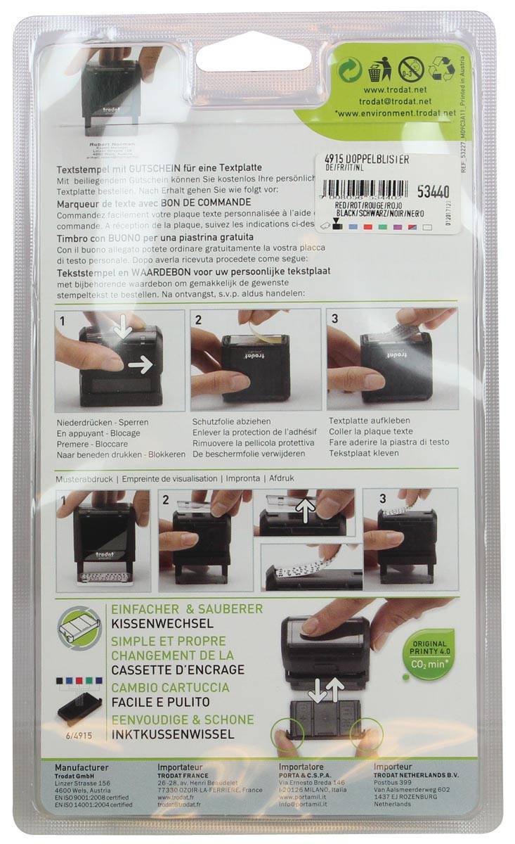 Trodat Printy tekststempel, met voucher Printy 4915, ft 70 x 25 mm, op blister